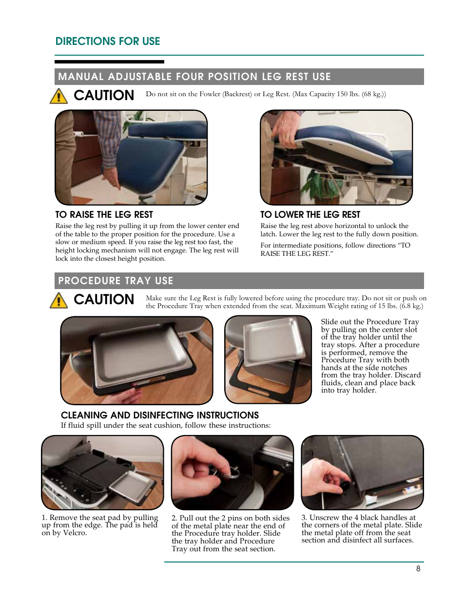 Caution, Directions for use, Procedure tray use | Manual adjustable four position leg rest use | Oakworks 121A Procedure Chair Rev.B User Manual | Page 11 / 20