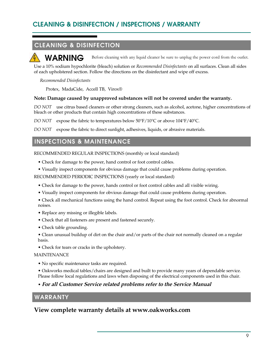 Warning, Cleaning & disinfection / inspections / warranty | Oakworks 121A Procedure Chair Rev.B User Manual | Page 12 / 20