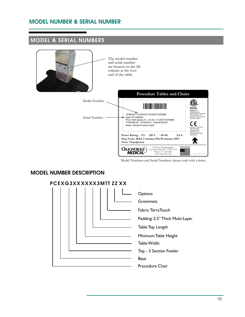 Model number & serial number, Model & serial numbers model number description, Procedure tables and chairs | Oakworks 121A Procedure Chair Rev.B User Manual | Page 13 / 20