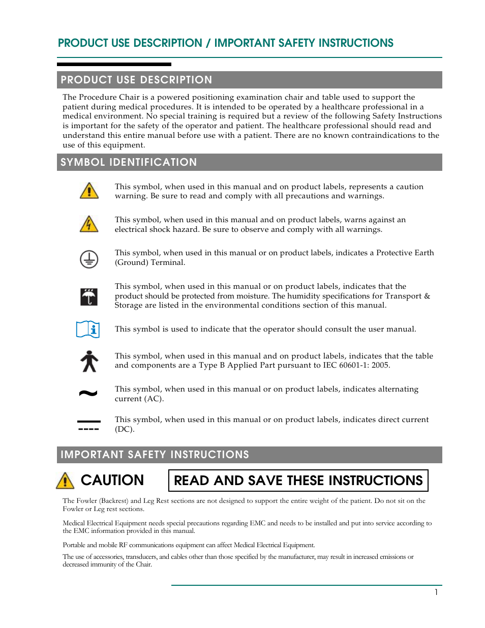 Caution, Read and save these instructions | Oakworks 121A Procedure Chair Rev.B User Manual | Page 4 / 20