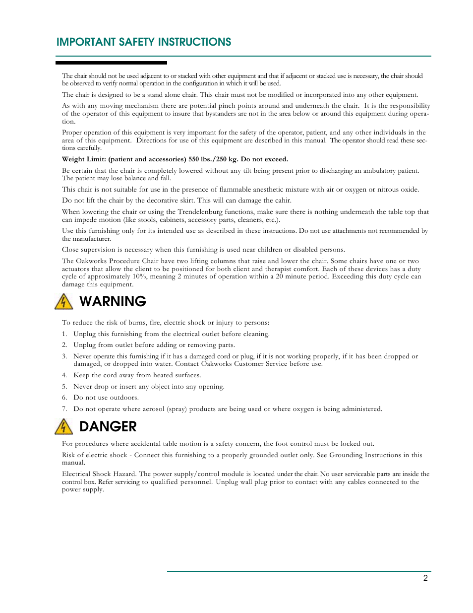 Warning, Danger, Important safety instructions | Oakworks 121A Procedure Chair Rev.B User Manual | Page 5 / 20