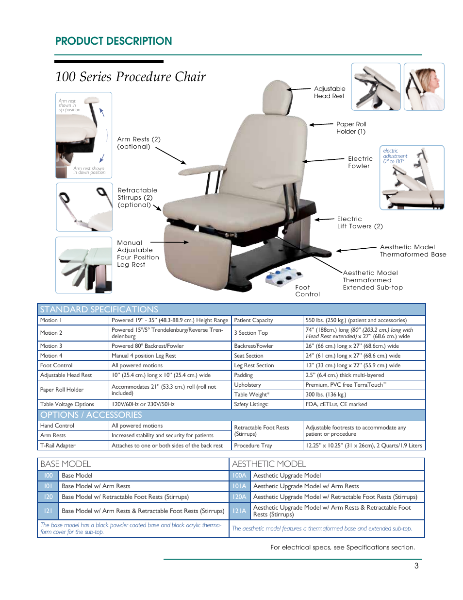 100 series procedure chair, Product description, Standard specifications | Options / accessories, Base model aesthetic model | Oakworks 121A Procedure Chair Rev.B User Manual | Page 6 / 20