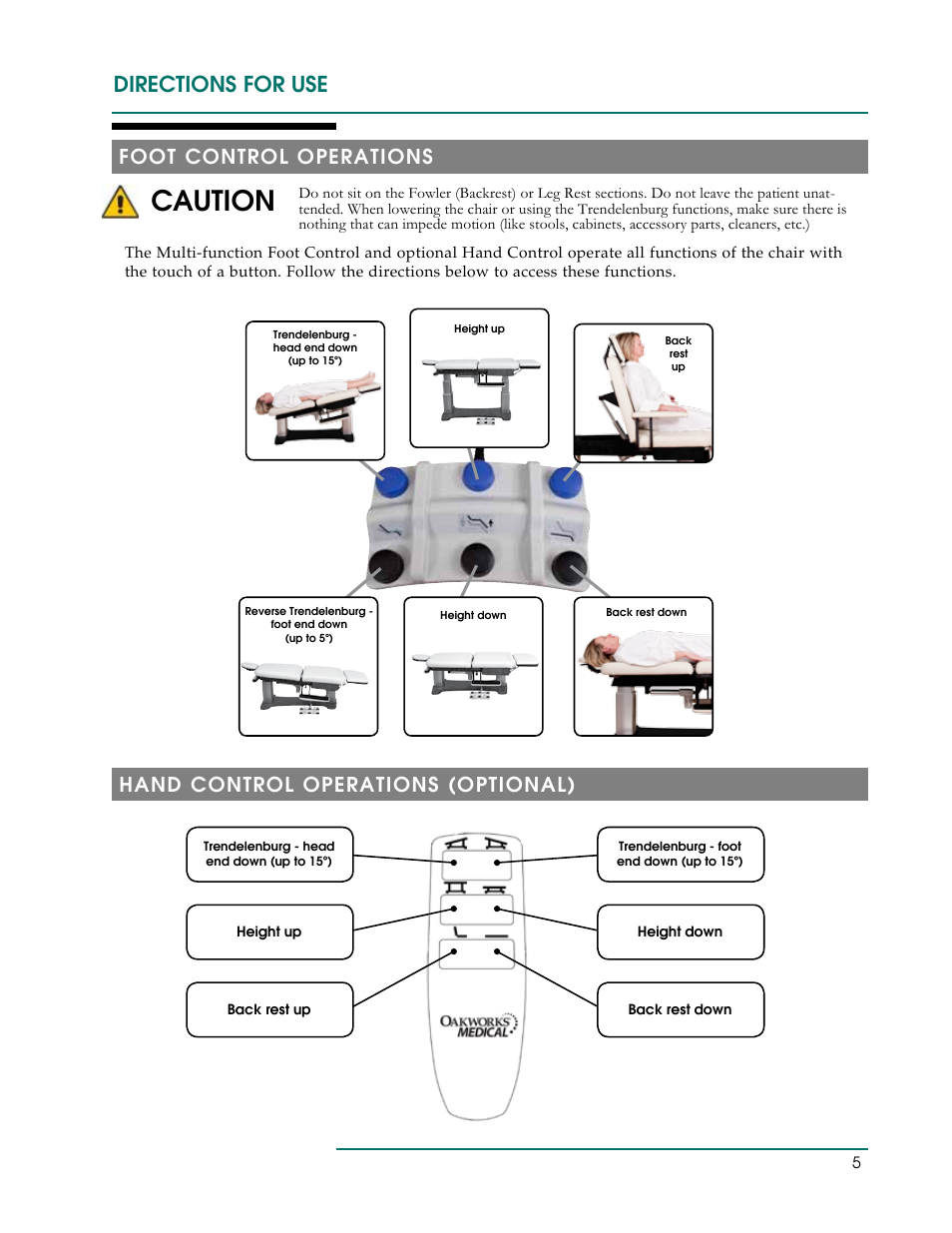 Caution, Directions for use, Foot control operations | Hand control operations (optional) | Oakworks 121A Procedure Chair Rev.B User Manual | Page 8 / 20