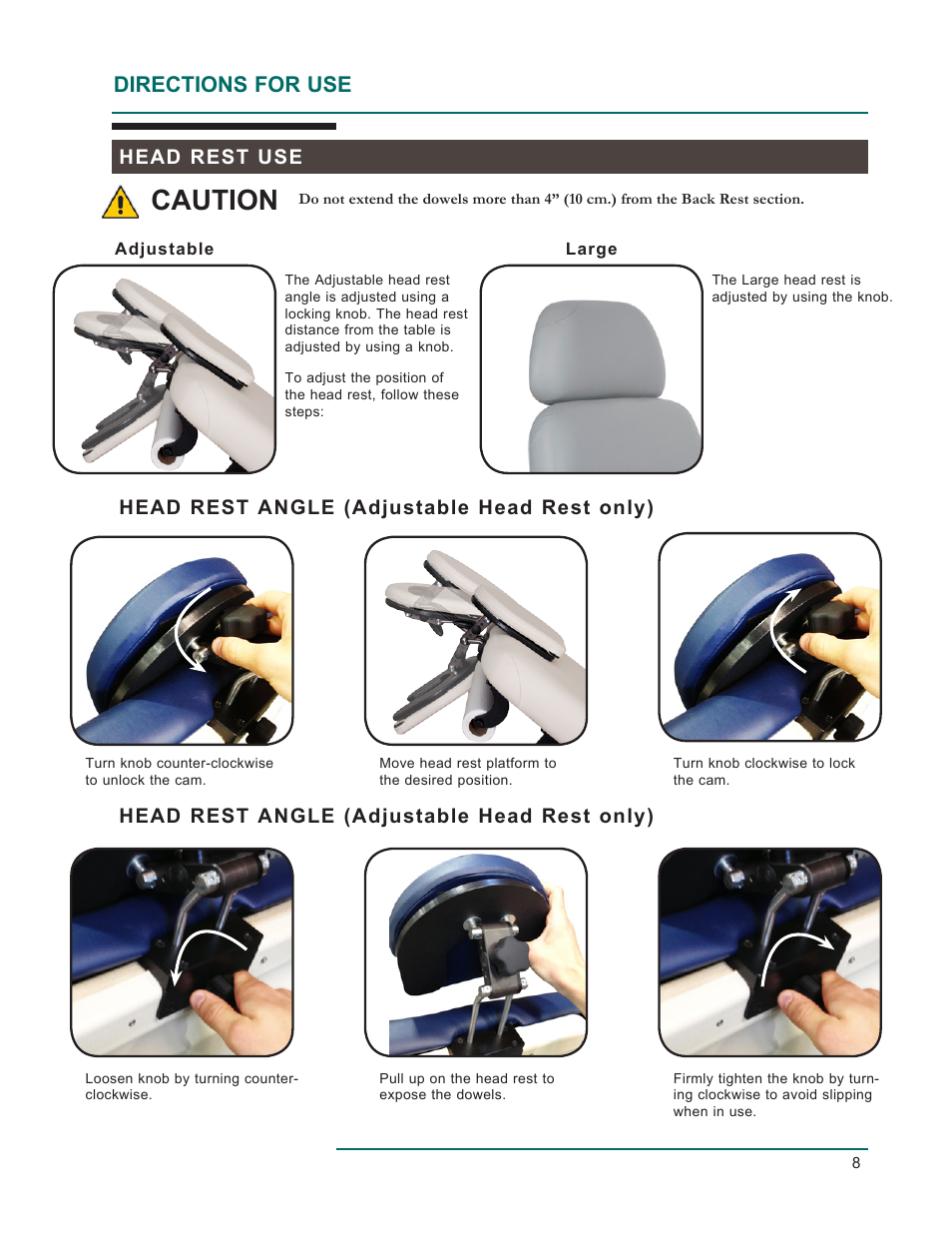 Caution, Directions for use, Head rest use | Head rest angle (adjustable head rest only) | Oakworks 300 Series Procedure Chair Rev.D User Manual | Page 11 / 24