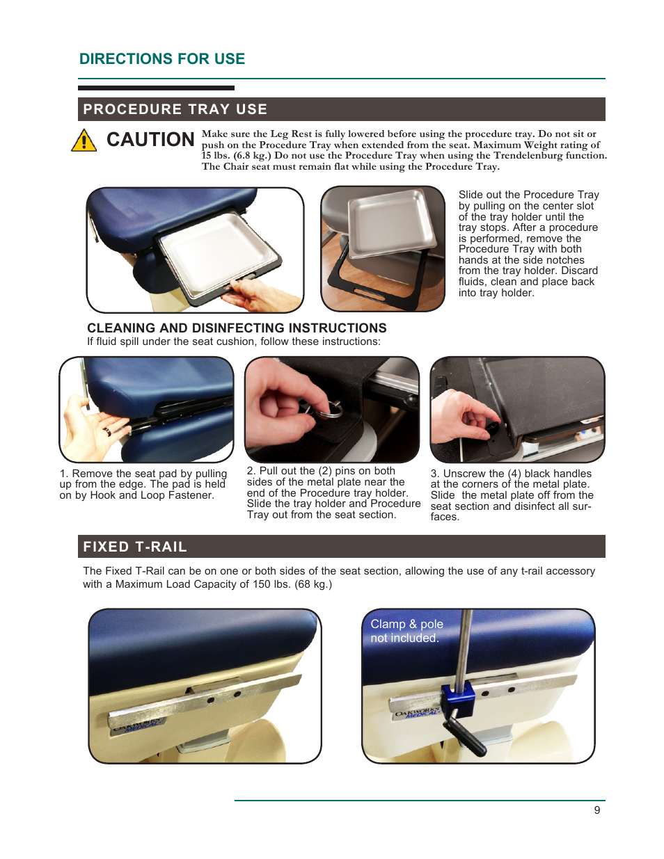 Caution, Directions for use, Procedure tray use | Fixed t-rail | Oakworks 300 Series Procedure Chair Rev.D User Manual | Page 12 / 24