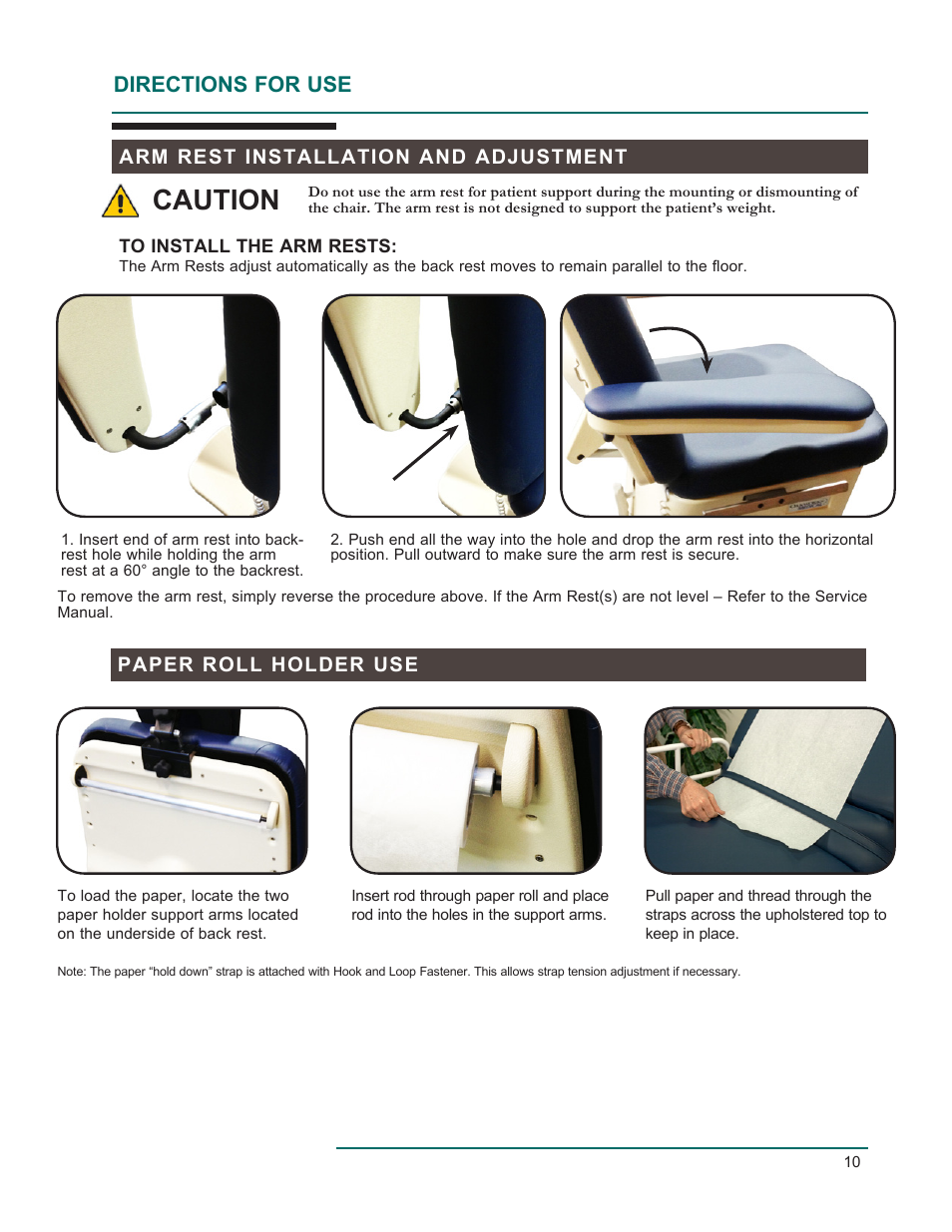 Caution, Directions for use, Paper roll holder use | Arm rest installation and adjustment | Oakworks 300 Series Procedure Chair Rev.D User Manual | Page 13 / 24