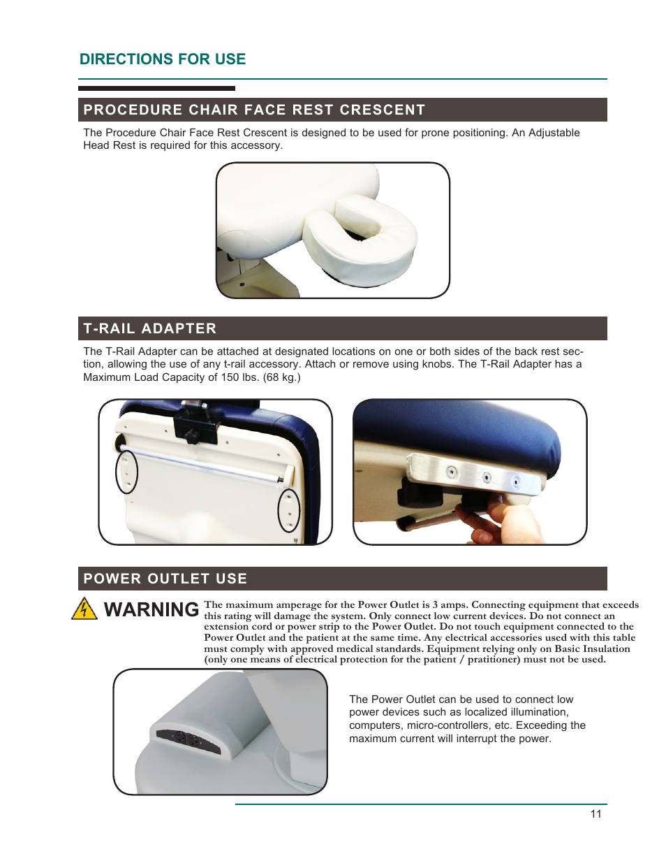 Warning, Directions for use | Oakworks 300 Series Procedure Chair Rev.D User Manual | Page 14 / 24