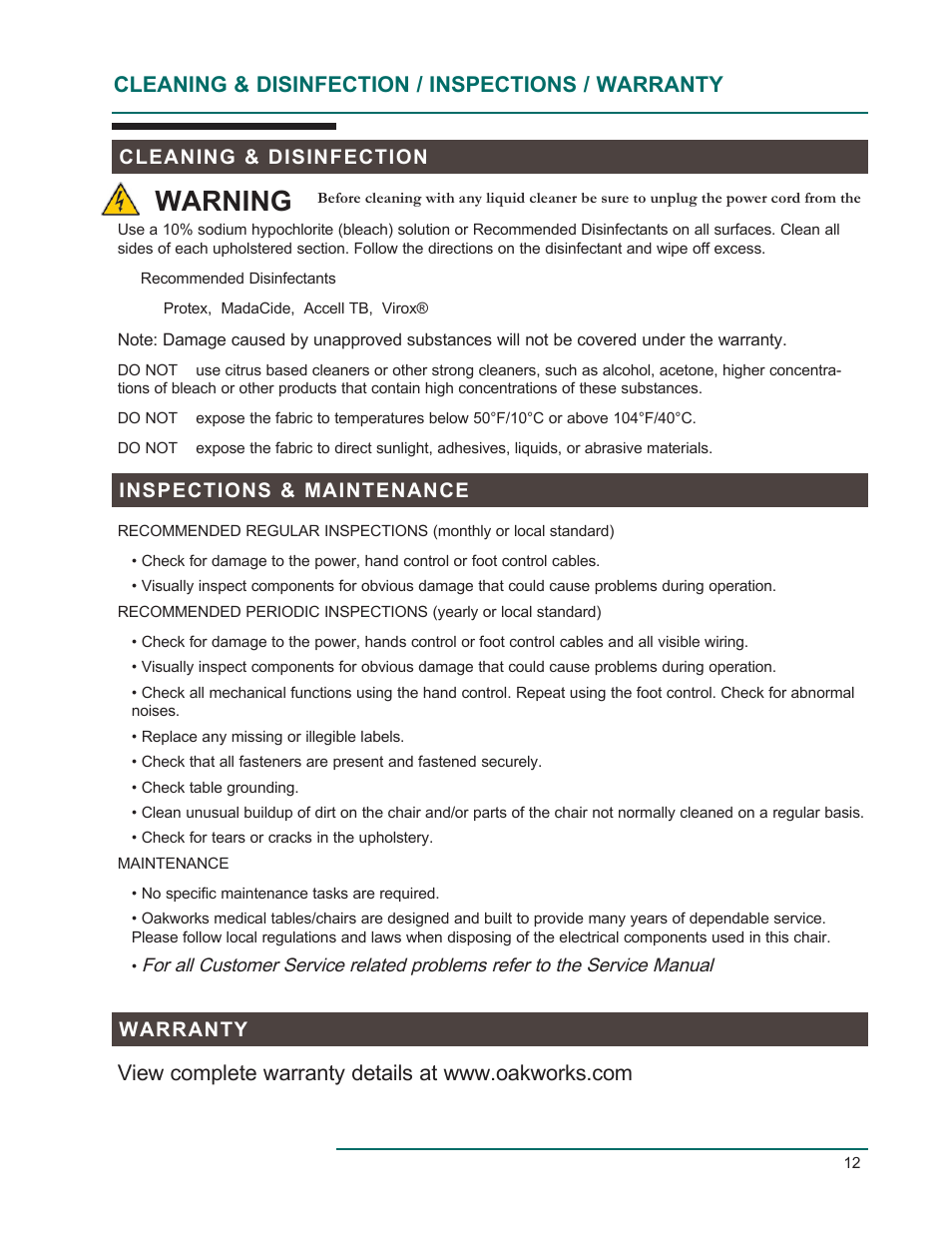 Warning, Cleaning & disinfection / inspections / warranty | Oakworks 300 Series Procedure Chair Rev.D User Manual | Page 15 / 24