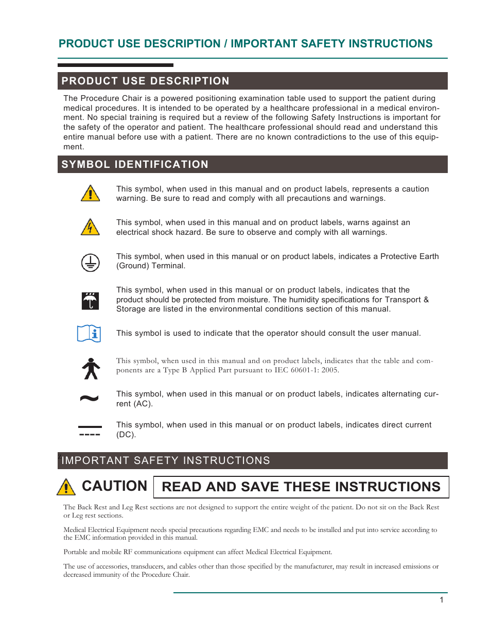 Caution, Read and save these instructions | Oakworks 300 Series Procedure Chair Rev.D User Manual | Page 4 / 24