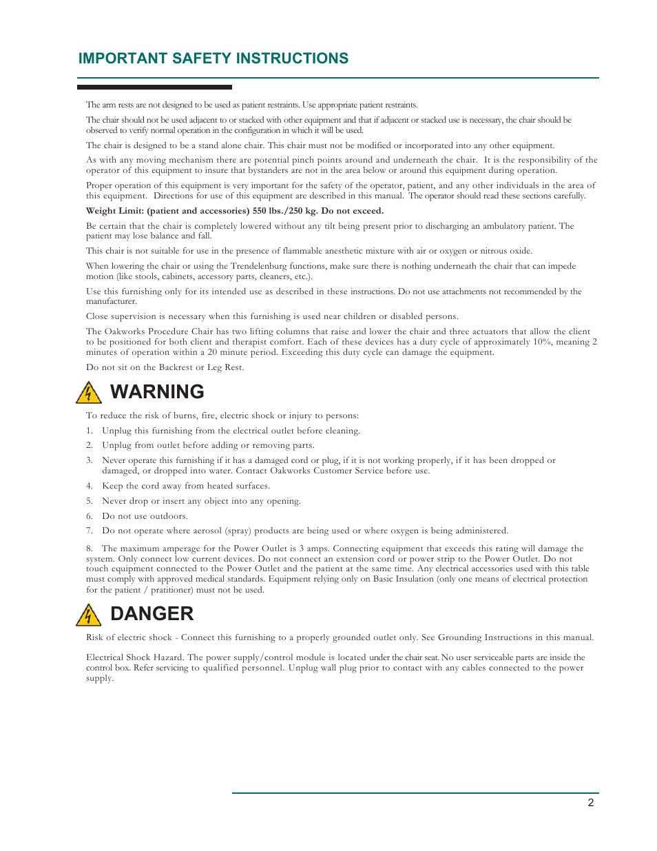 Warning, Danger, Important safety instructions | Oakworks 300 Series Procedure Chair Rev.D User Manual | Page 5 / 24