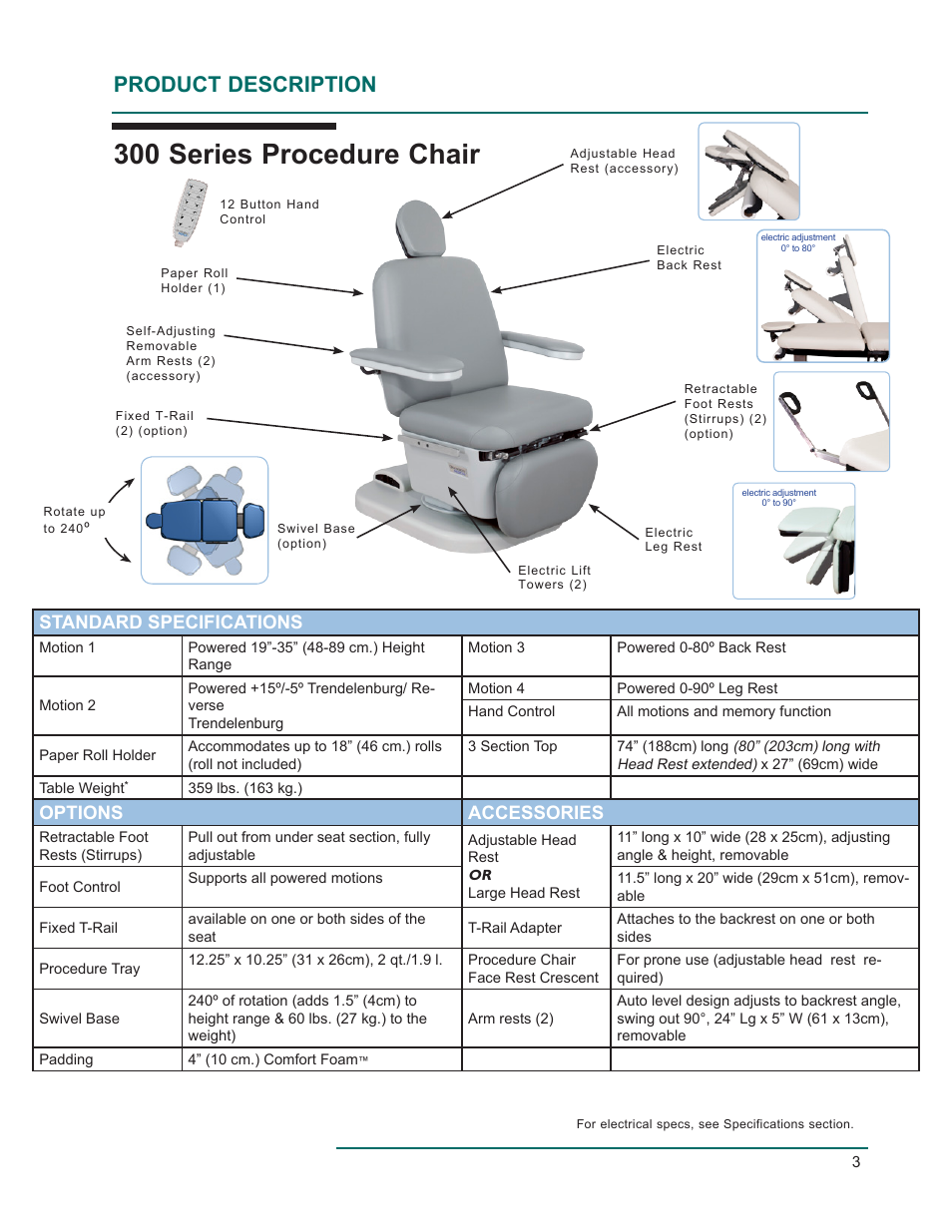 300 series procedure chair, Product description, Standard specifications | Options accessories | Oakworks 300 Series Procedure Chair Rev.D User Manual | Page 6 / 24