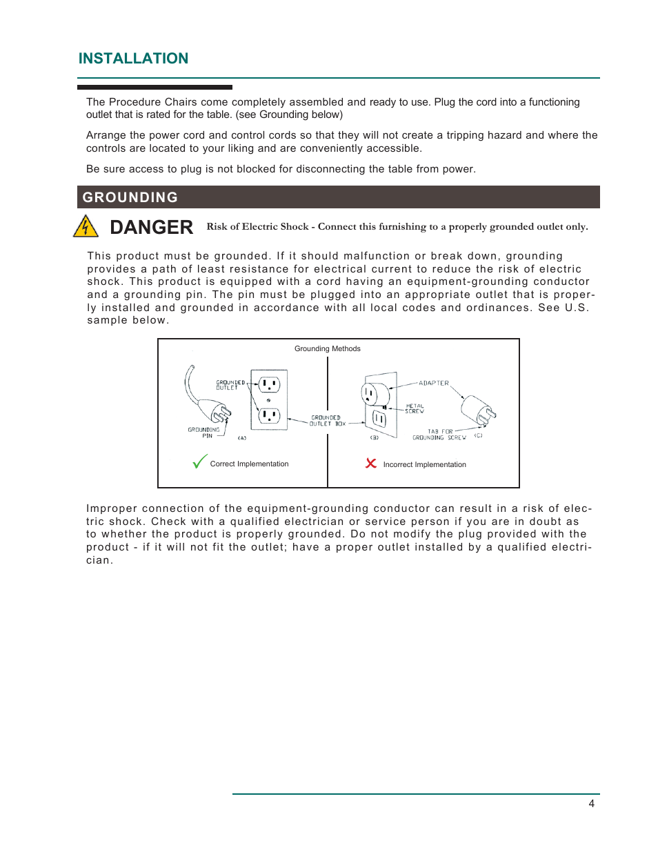 Danger, Installation | Oakworks 300 Series Procedure Chair Rev.D User Manual | Page 7 / 24