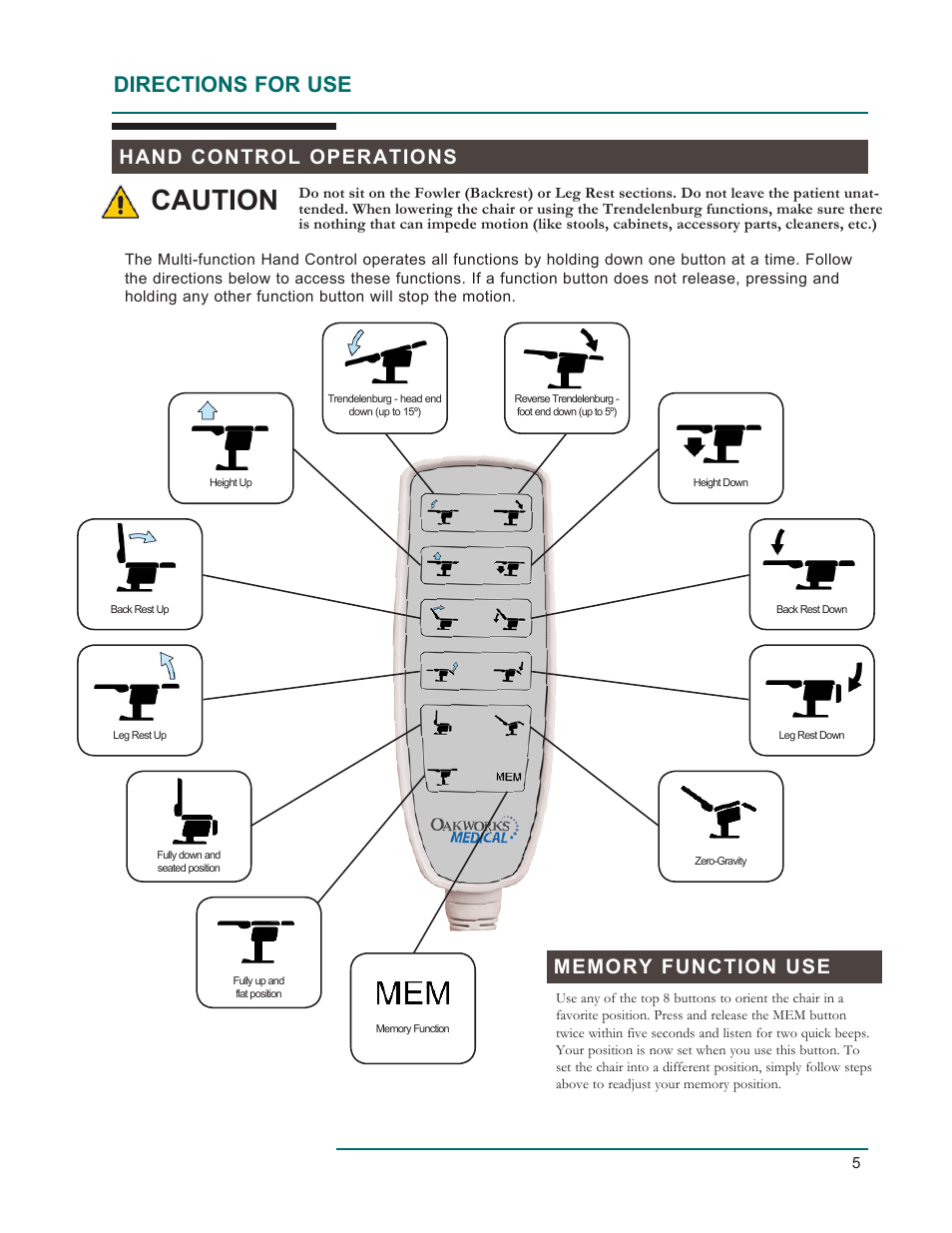Caution, Directions for use, Hand control operations | Oakworks 300 Series Procedure Chair Rev.D User Manual | Page 8 / 24