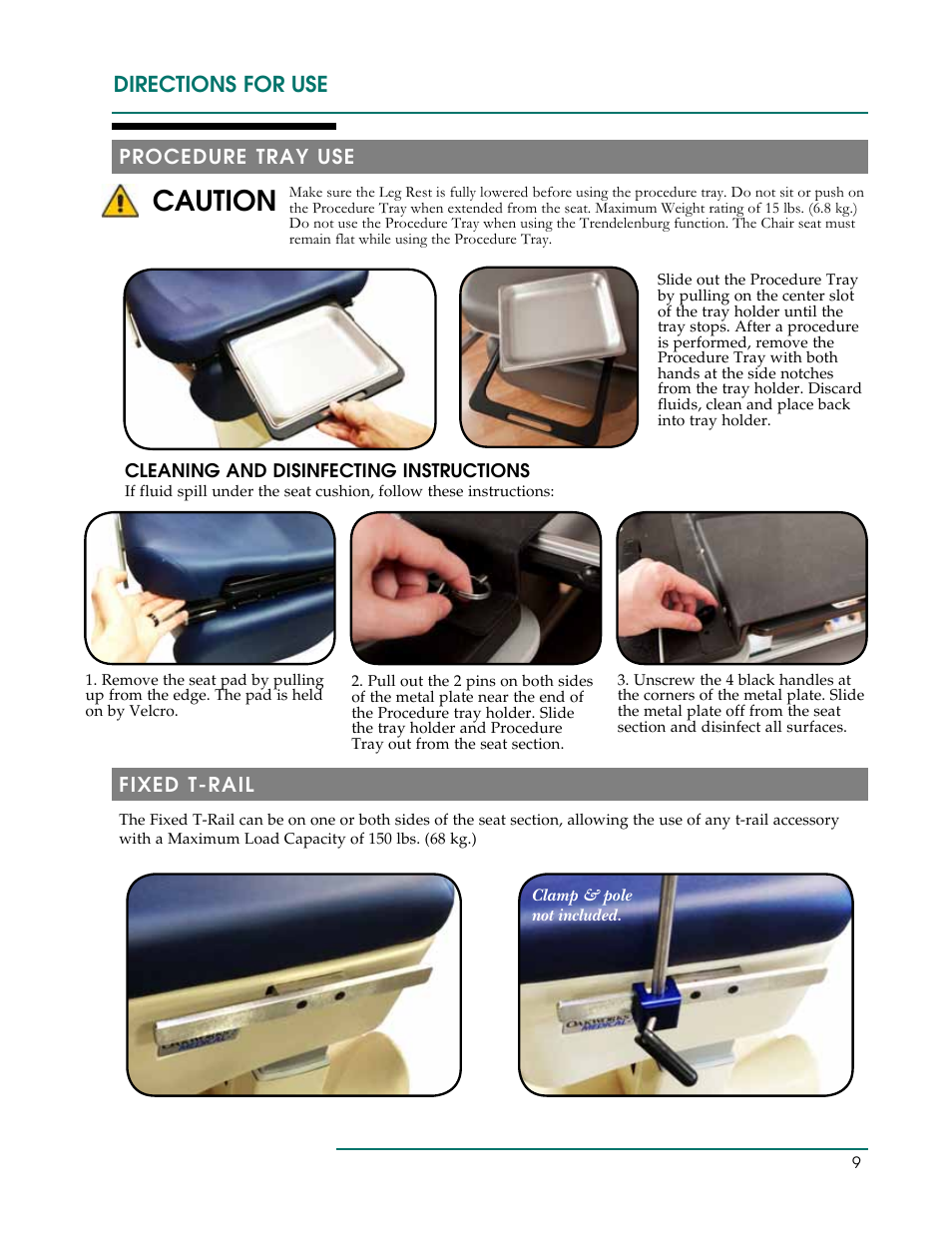 Caution, Directions for use, Procedure tray use | Fixed t-rail | Oakworks 300 Series Procedure Chair Rev.C User Manual | Page 12 / 24