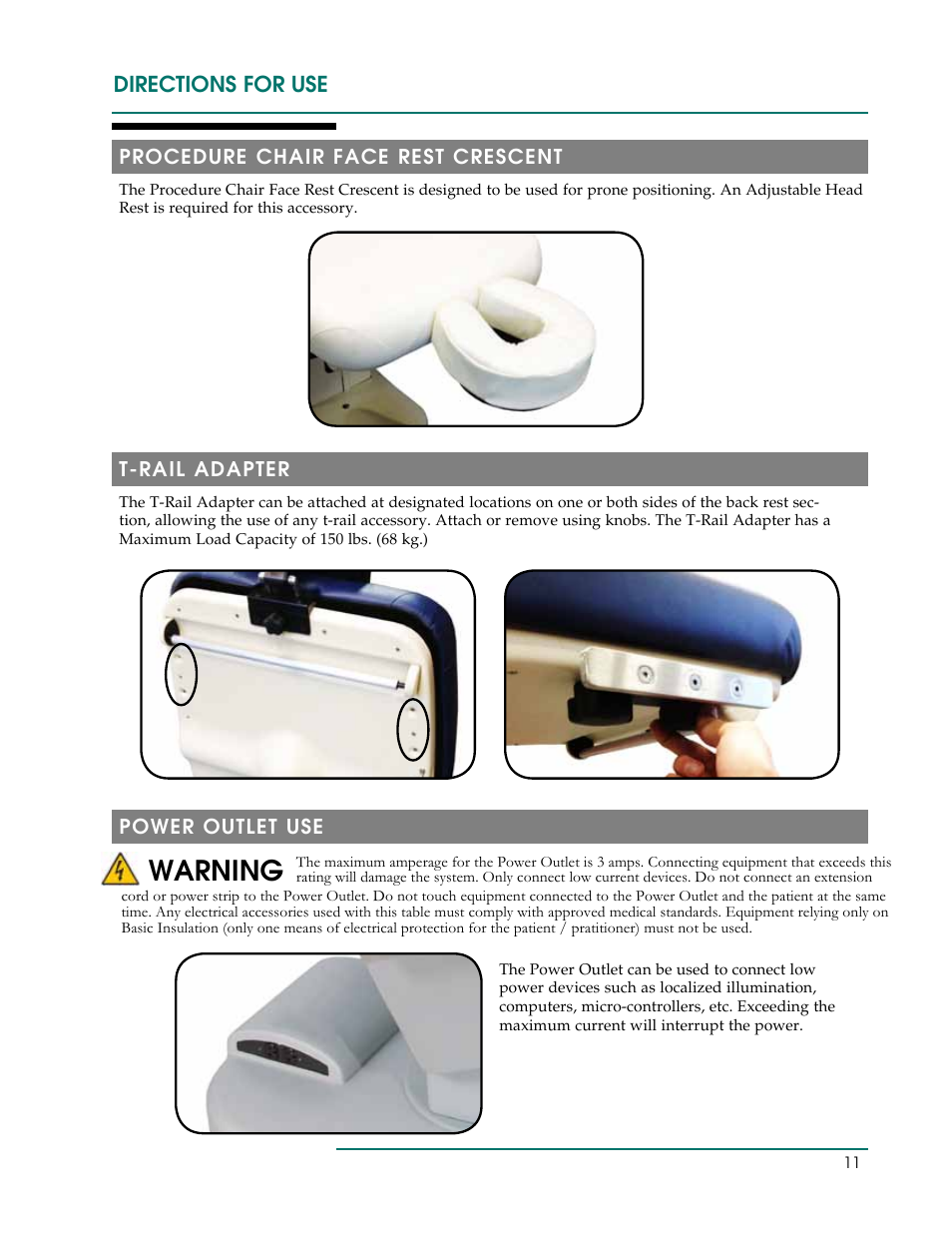 Warning, Directions for use | Oakworks 300 Series Procedure Chair Rev.C User Manual | Page 14 / 24