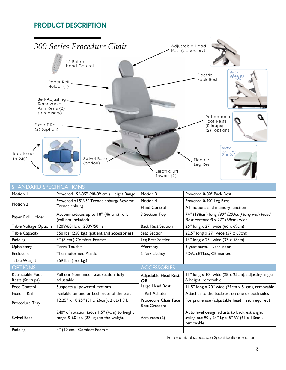 300 series procedure chair, Product description, Standard specifications | Options accessories | Oakworks 300 Series Procedure Chair Rev.C User Manual | Page 6 / 24