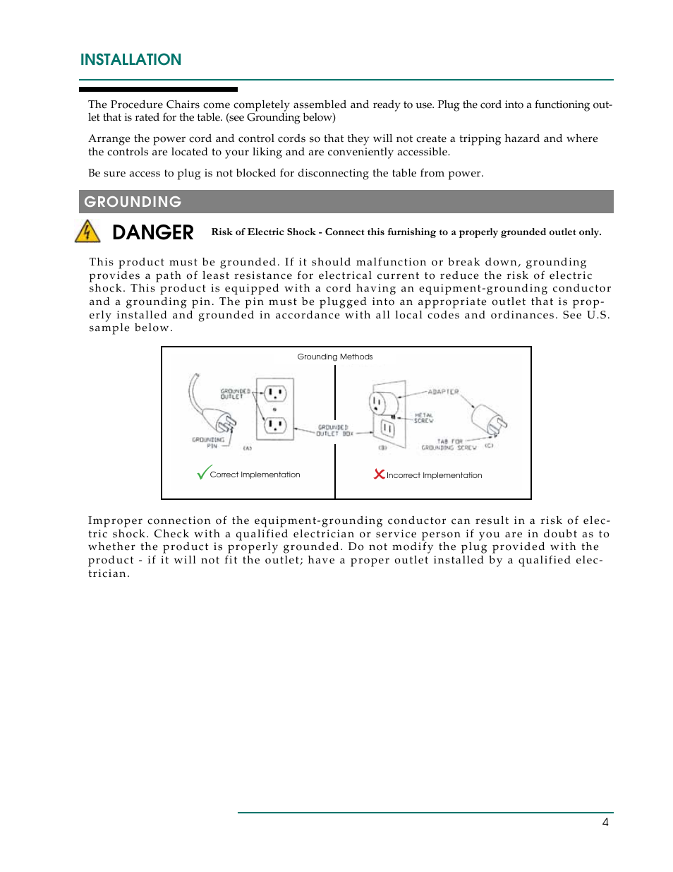 Danger, Installation | Oakworks 300 Series Procedure Chair Rev.C User Manual | Page 7 / 24