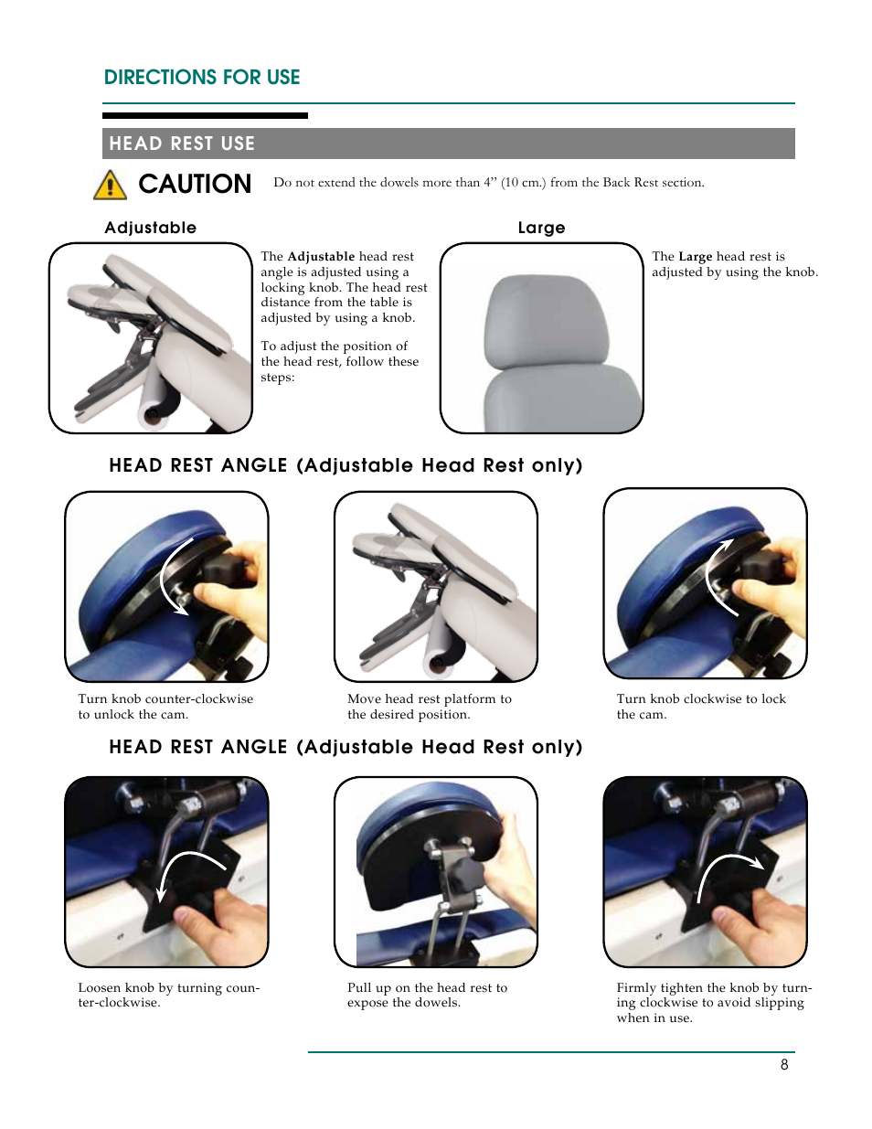 Caution, Directions for use, Head rest use | Head rest angle (adjustable head rest only) | Oakworks 300 Series Procedure Chair Rev.B User Manual | Page 11 / 24