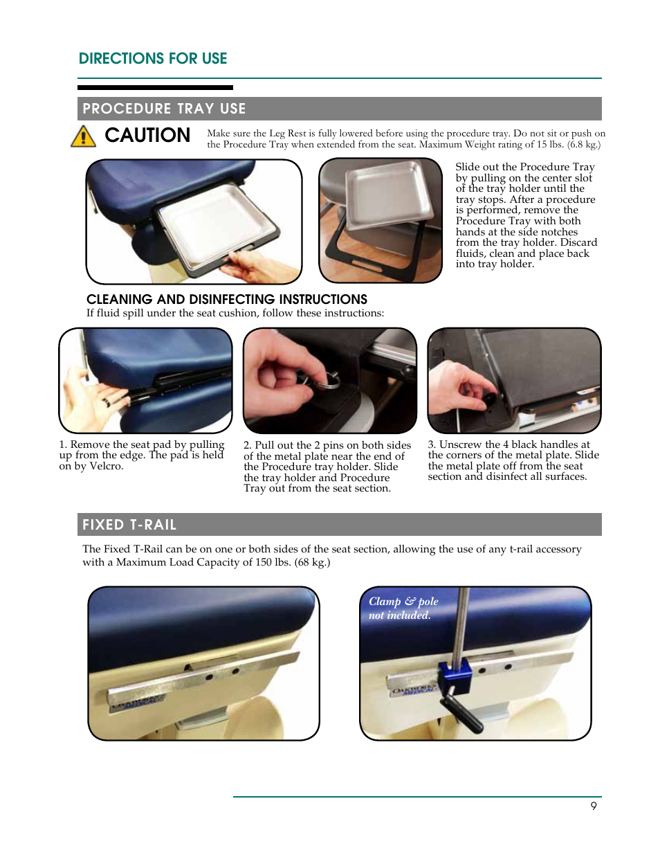 Caution, Directions for use, Procedure tray use | Fixed t-rail | Oakworks 300 Series Procedure Chair Rev.B User Manual | Page 12 / 24