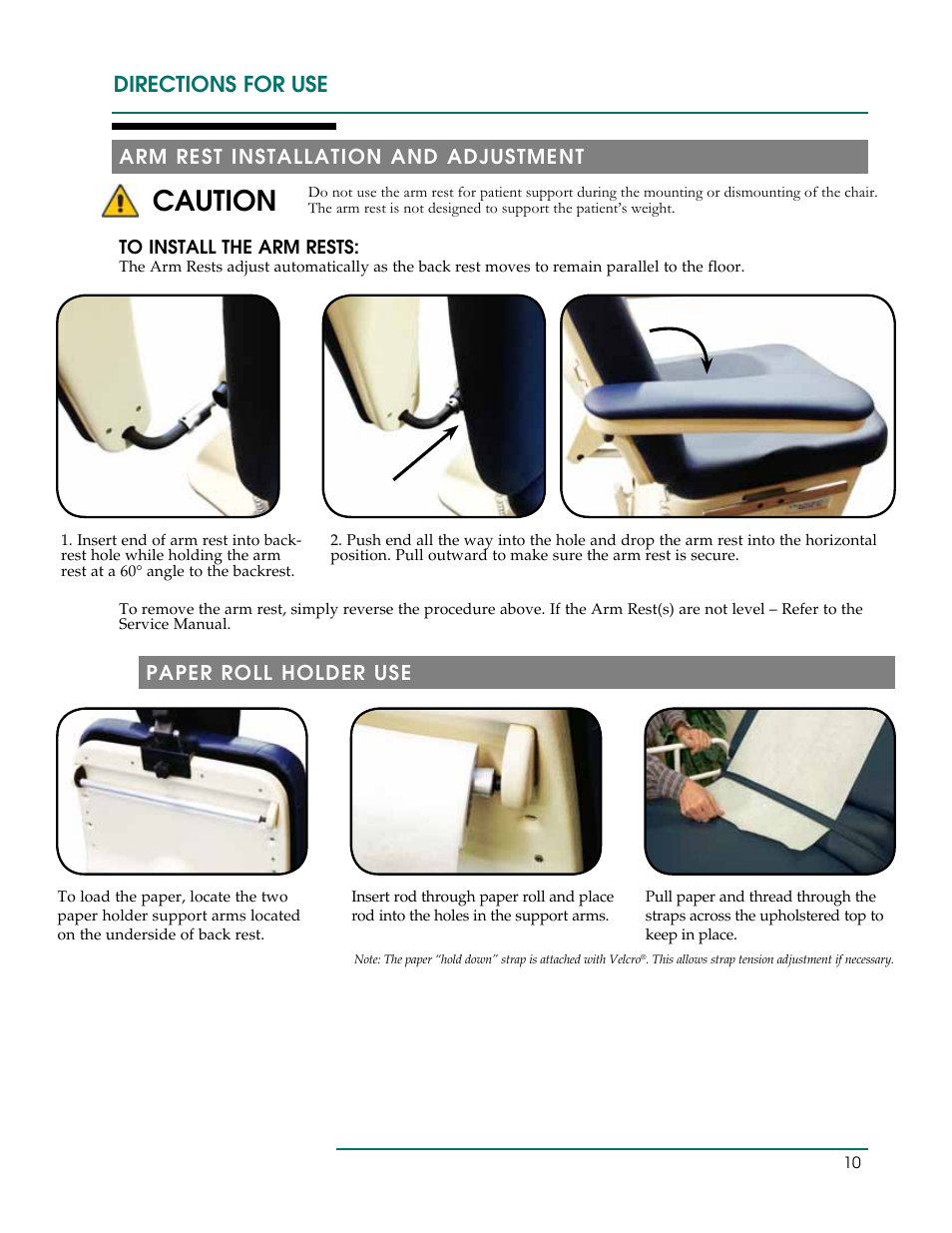 Caution, Directions for use, Paper roll holder use | Arm rest installation and adjustment | Oakworks 300 Series Procedure Chair Rev.B User Manual | Page 13 / 24