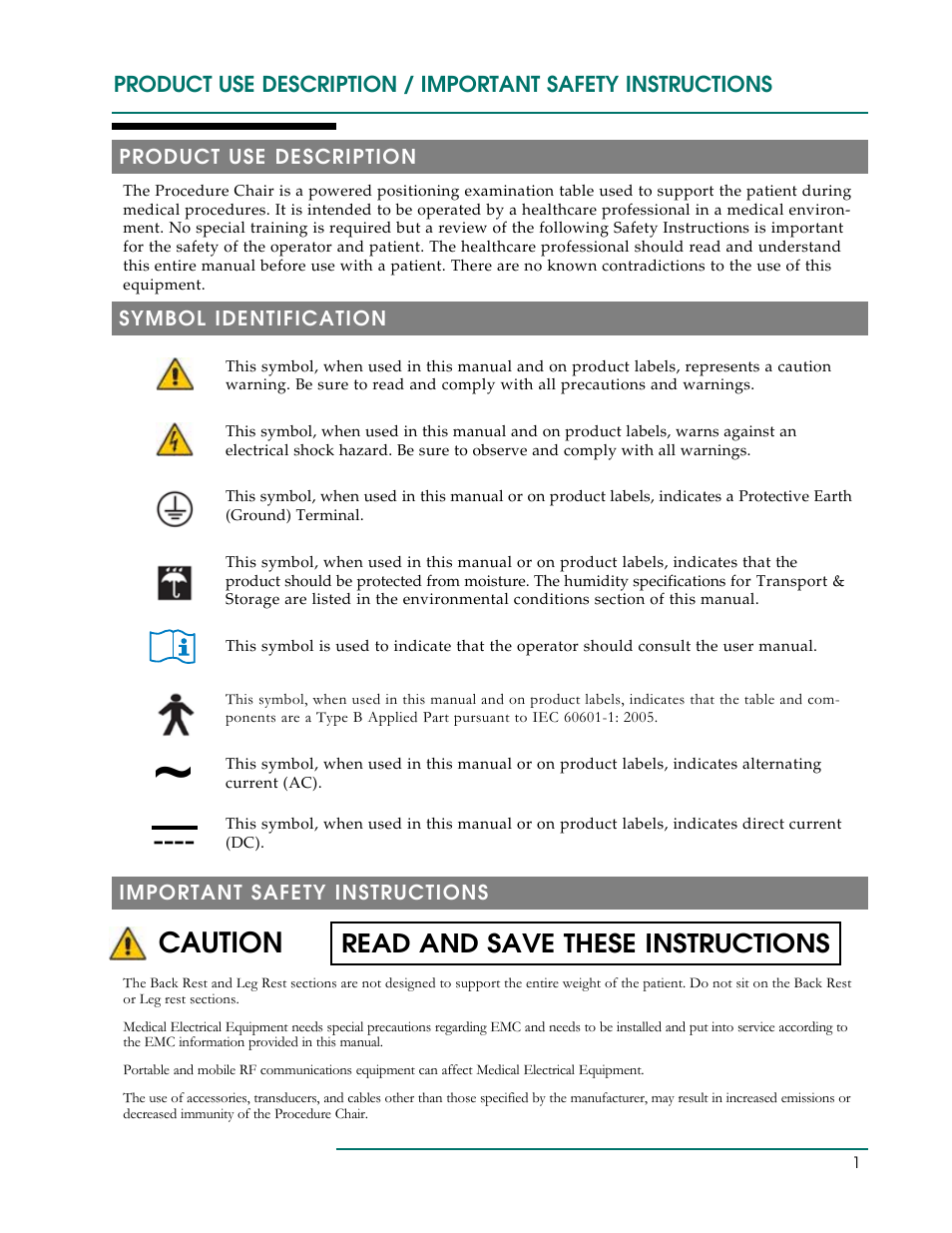 Caution, Read and save these instructions | Oakworks 300 Series Procedure Chair Rev.B User Manual | Page 4 / 24