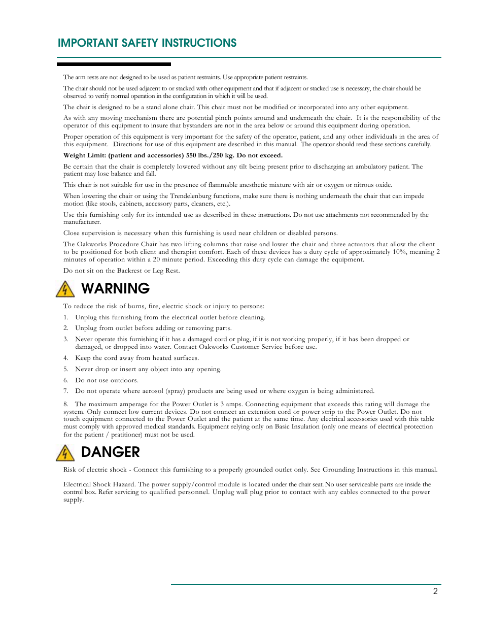 Warning, Danger, Important safety instructions | Oakworks 300 Series Procedure Chair Rev.B User Manual | Page 5 / 24