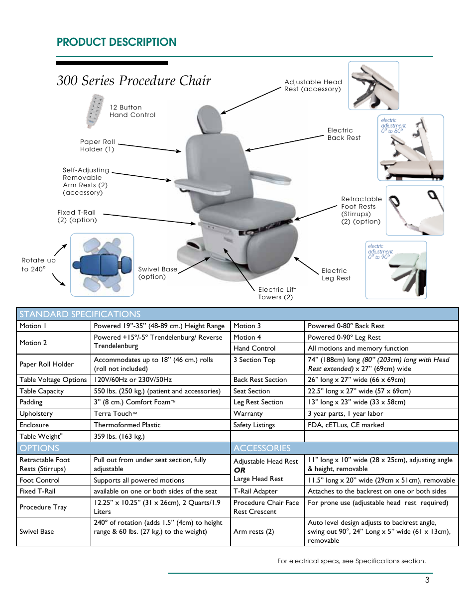 300 series procedure chair, Product description, Standard specifications | Options accessories | Oakworks 300 Series Procedure Chair Rev.B User Manual | Page 6 / 24