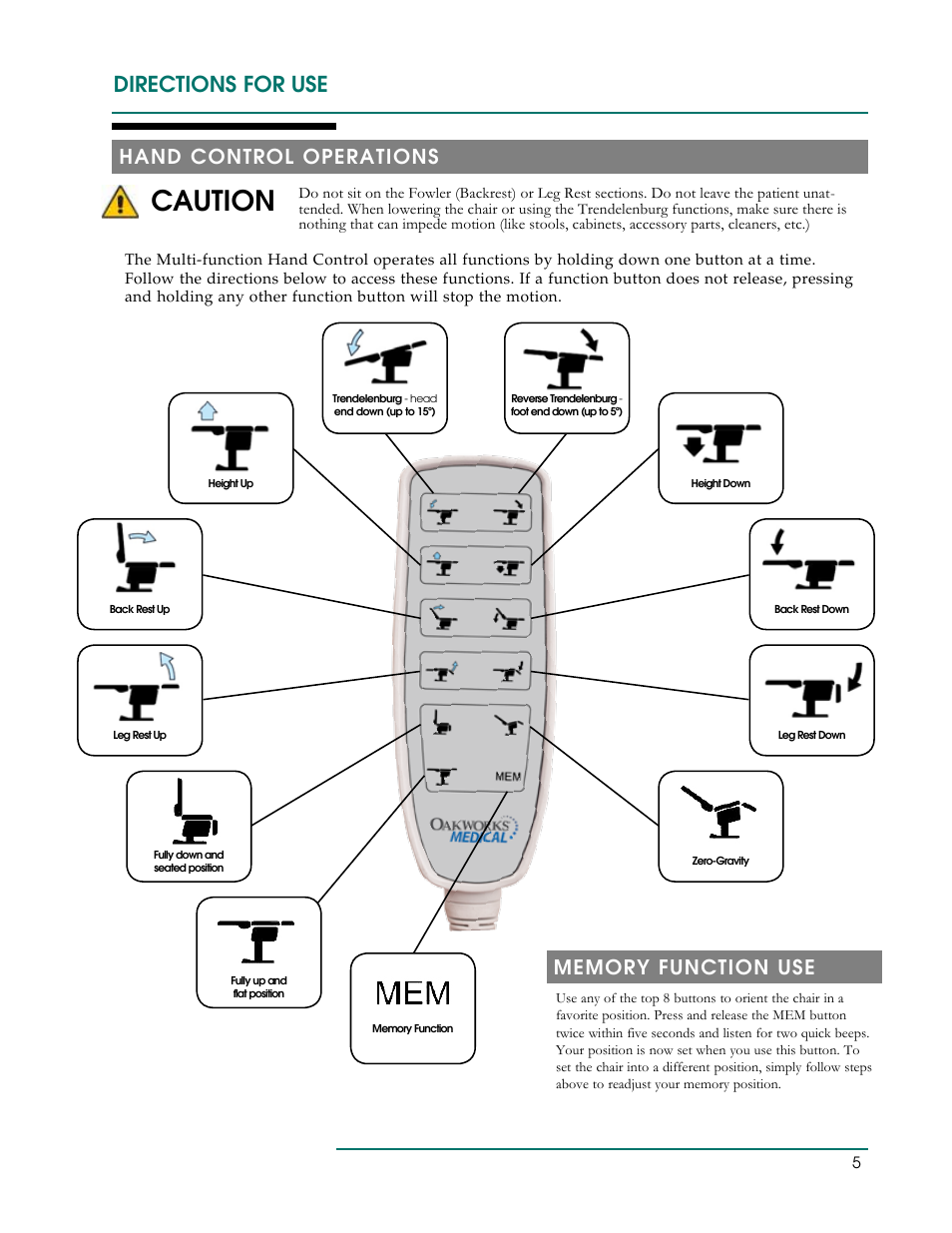 Caution, Directions for use, Hand control operations | Oakworks 300 Series Procedure Chair Rev.B User Manual | Page 8 / 24