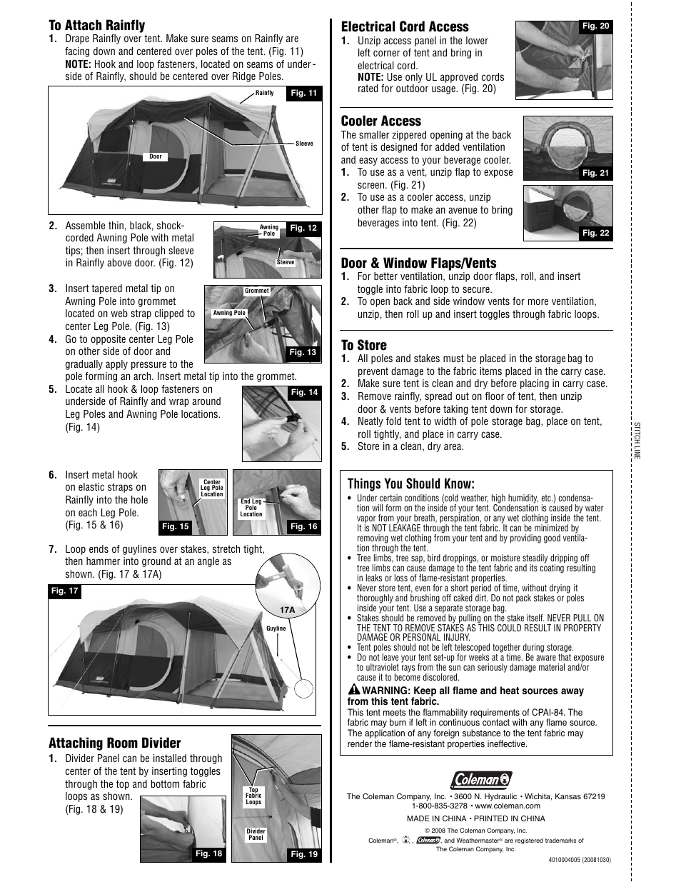 Attaching room divider, Cooler access, Electrical cord access | Door & window flaps/vents, Things you should know | Coleman 2000001597 User Manual | Page 2 / 2