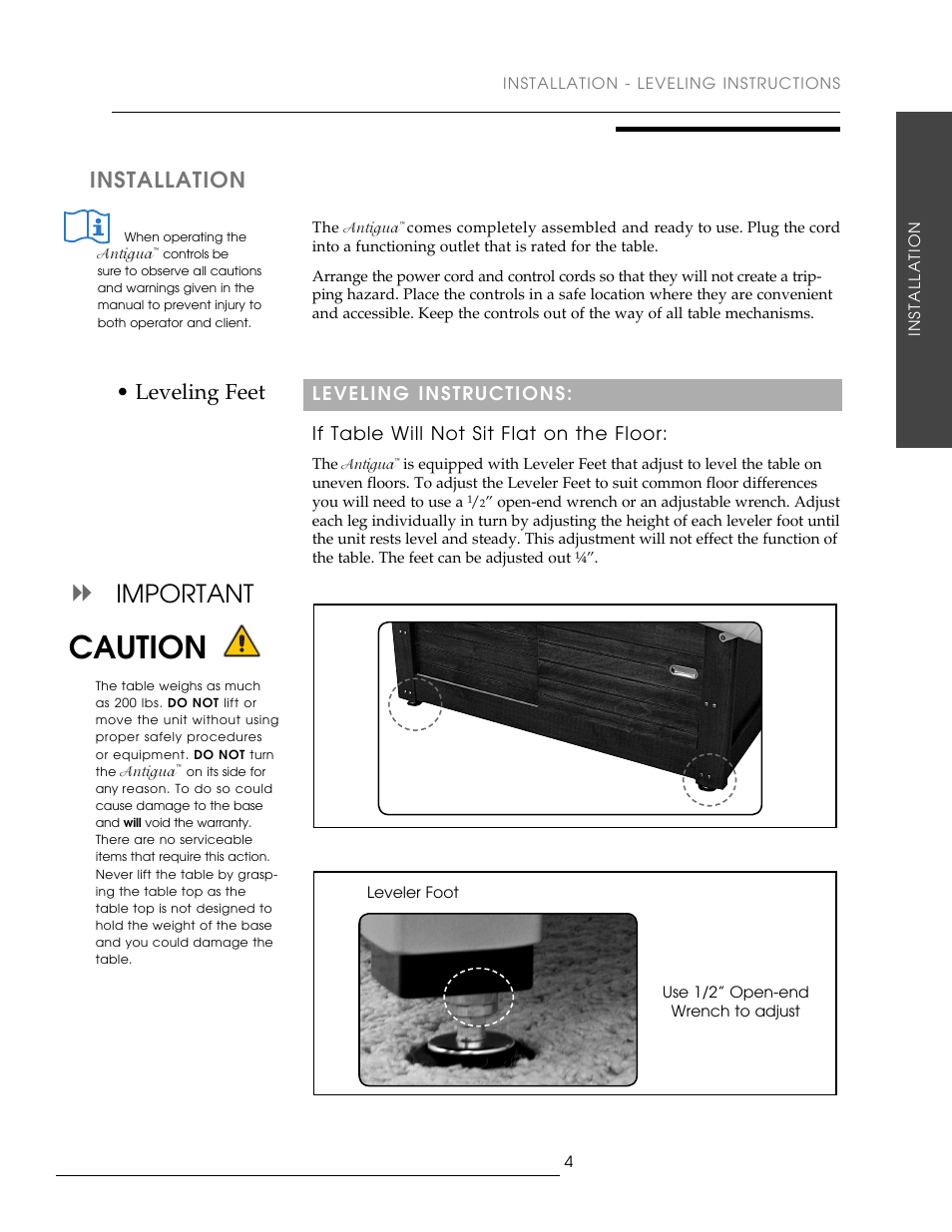 Caution, Important, Installation | Leveling feet | Oakworks Antigua User Manual | Page 11 / 28