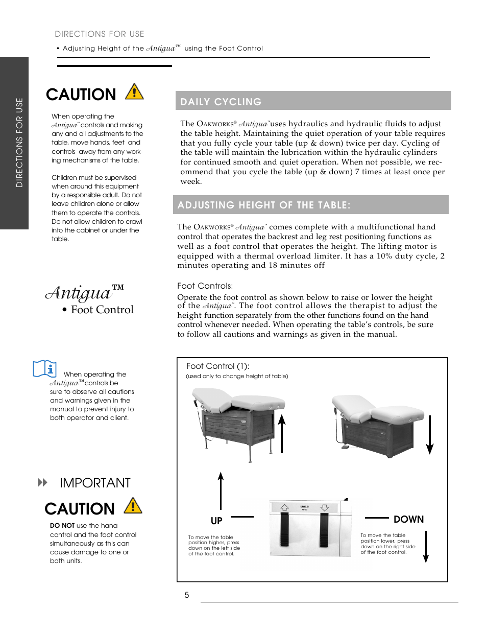 Antigua, Caution, Important | Foot control, Adjusting height of the table, Daily cycling, Up down | Oakworks Antigua User Manual | Page 12 / 28