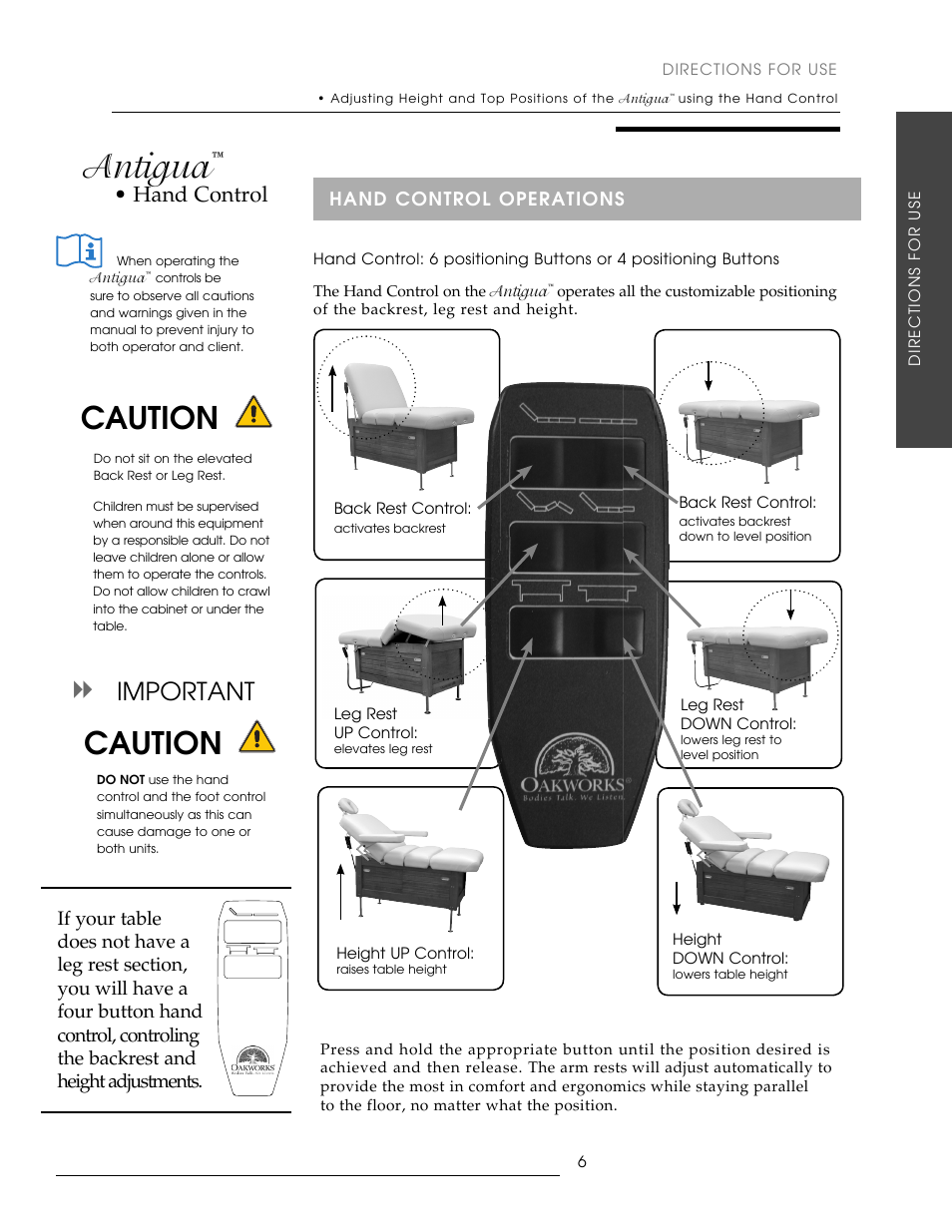 Antigua, Caution, Important | Hand control | Oakworks Antigua User Manual | Page 13 / 28