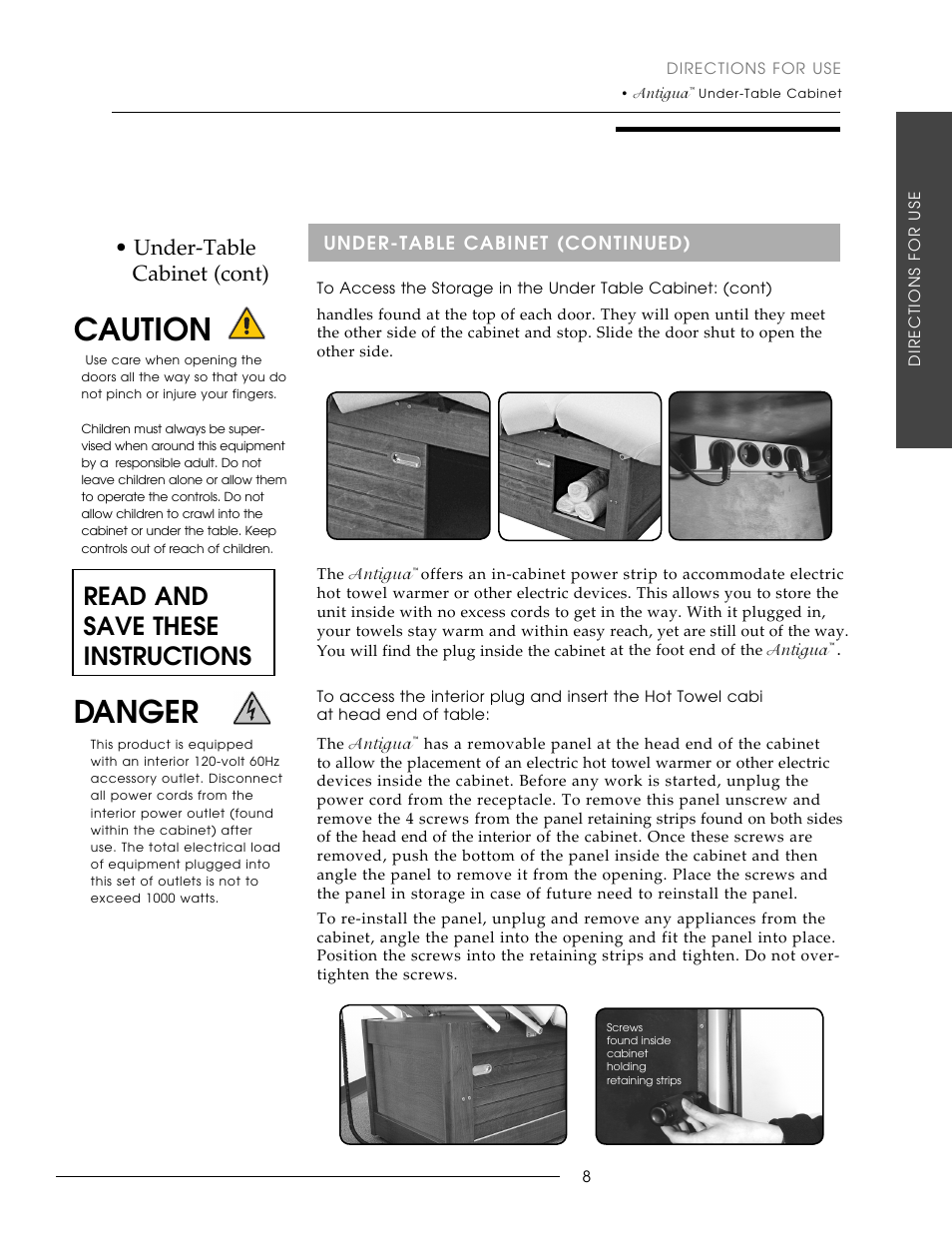 Danger caution, Read and save these instructions, Under-table cabinet (cont) | Oakworks Antigua User Manual | Page 15 / 28