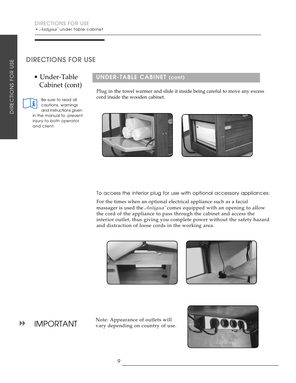 Important, Directions for use, Under-table cabinet (cont) | Oakworks Antigua User Manual | Page 16 / 28