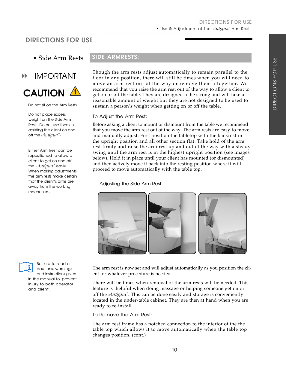 Caution, Important, Directions for use | Side arm rests, Side armrests | Oakworks Antigua User Manual | Page 17 / 28