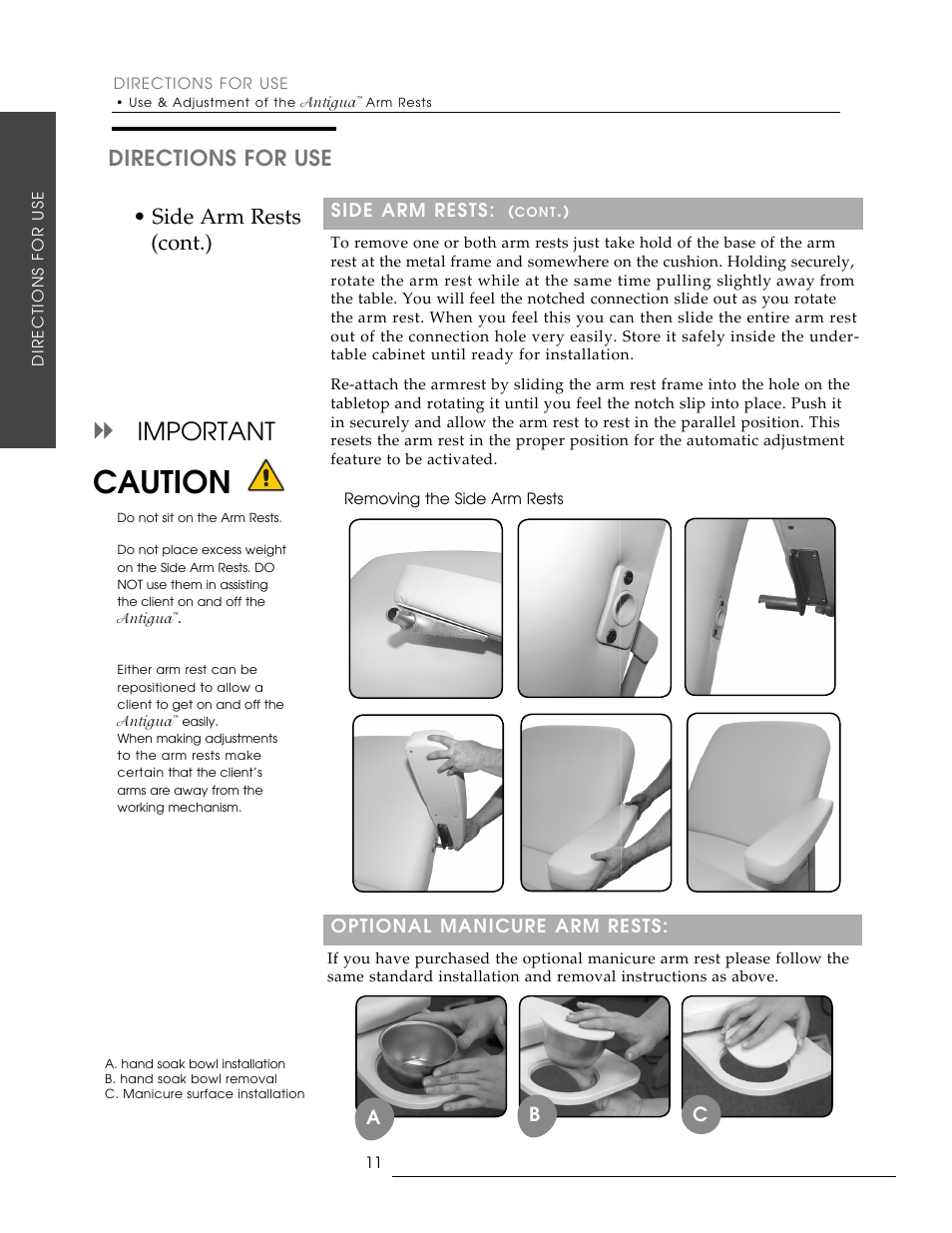 Caution, Important, Directions for use | Side arm rests (cont.), Ab c | Oakworks Antigua User Manual | Page 18 / 28