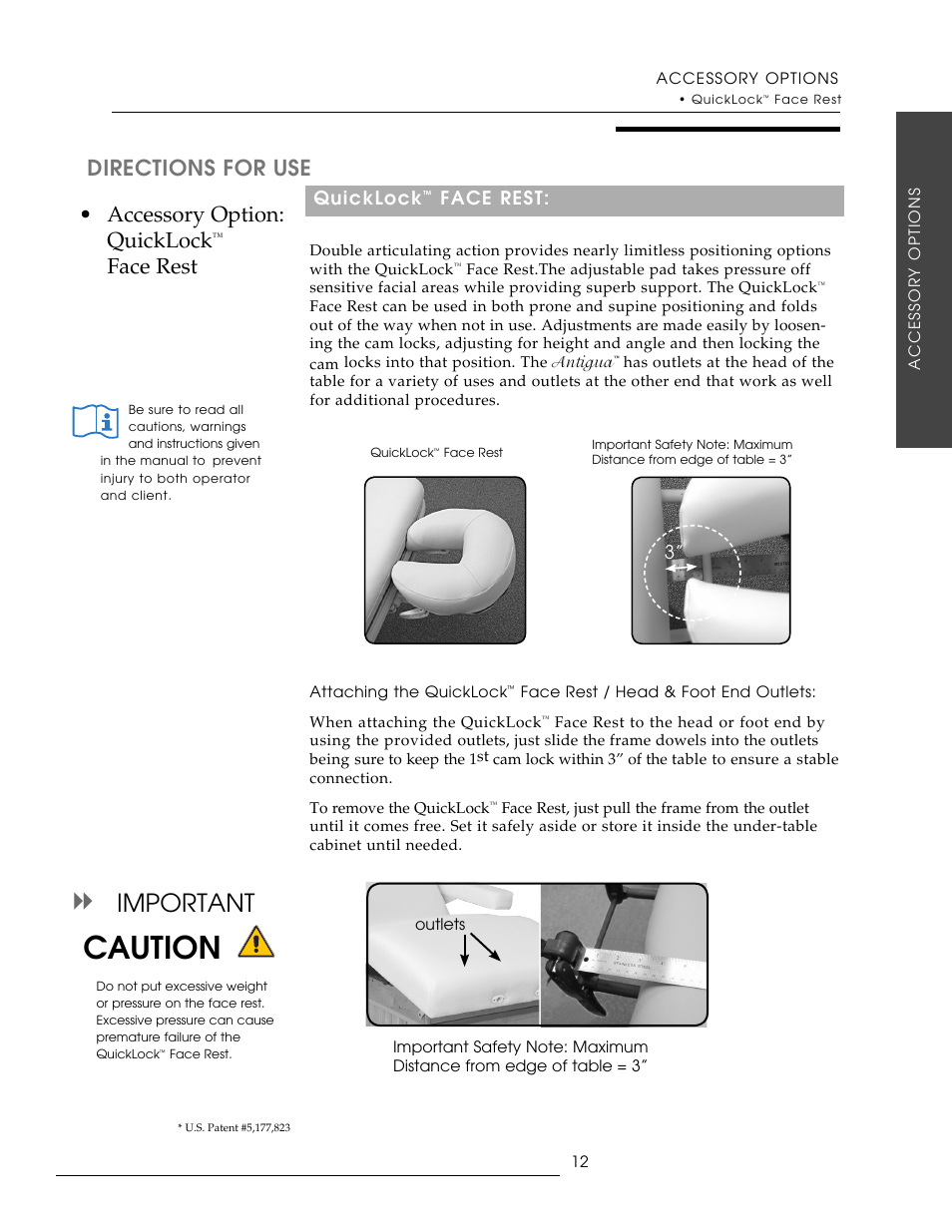 Caution, Important, Accessory option: quicklock | Directions for use, Quicklock, Face rest | Oakworks Antigua User Manual | Page 19 / 28