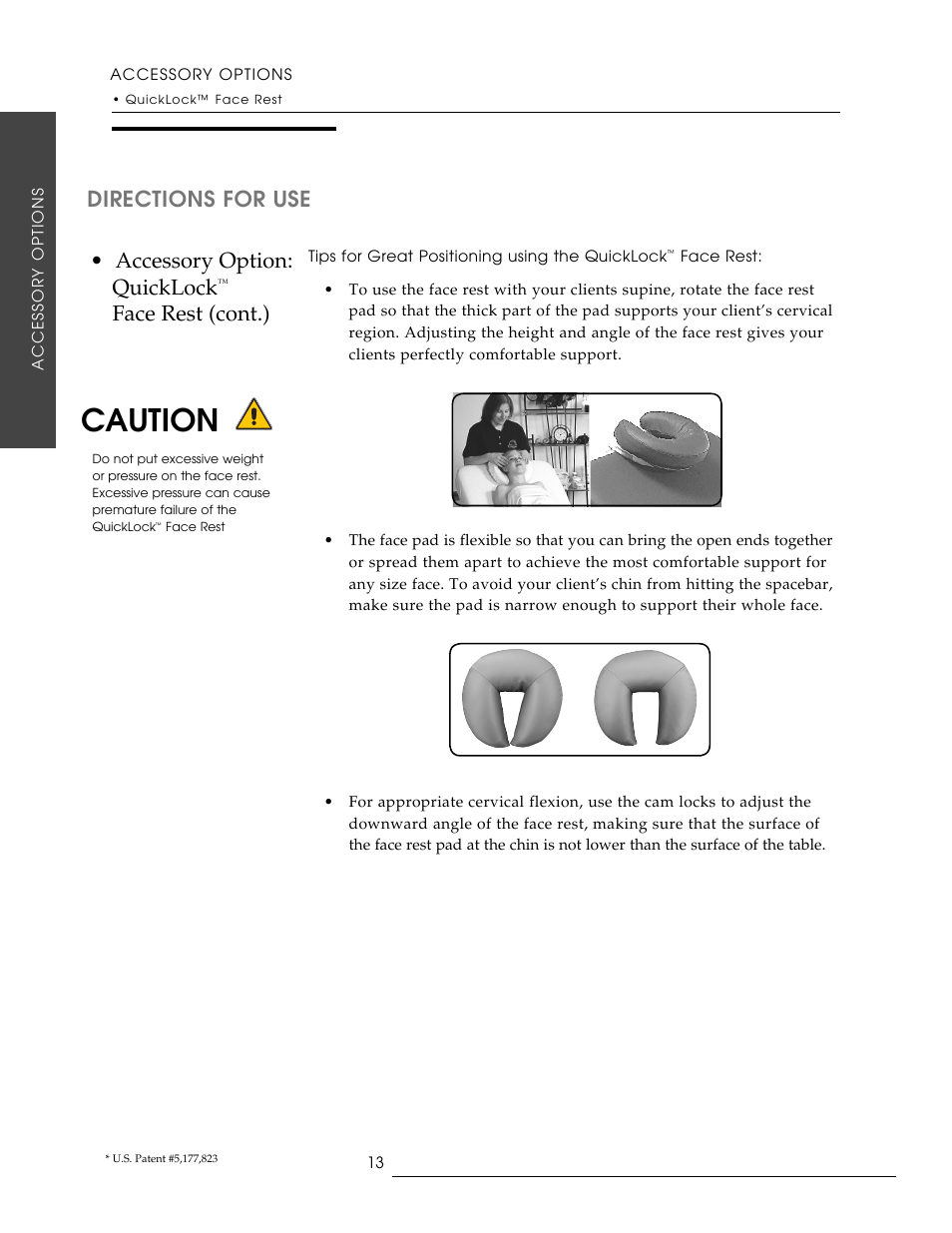 Caution, Accessory option: quicklock, Face rest (cont.) | Directions for use | Oakworks Antigua User Manual | Page 20 / 28