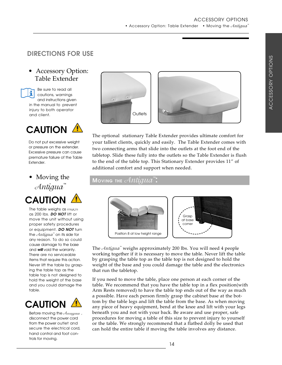 Caution, Antigua, Moving the | Accessory option: table extender, Directions for use | Oakworks Antigua User Manual | Page 21 / 28