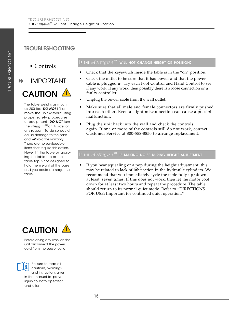 Caution, Important, Troubleshooting | Controls | Oakworks Antigua User Manual | Page 22 / 28