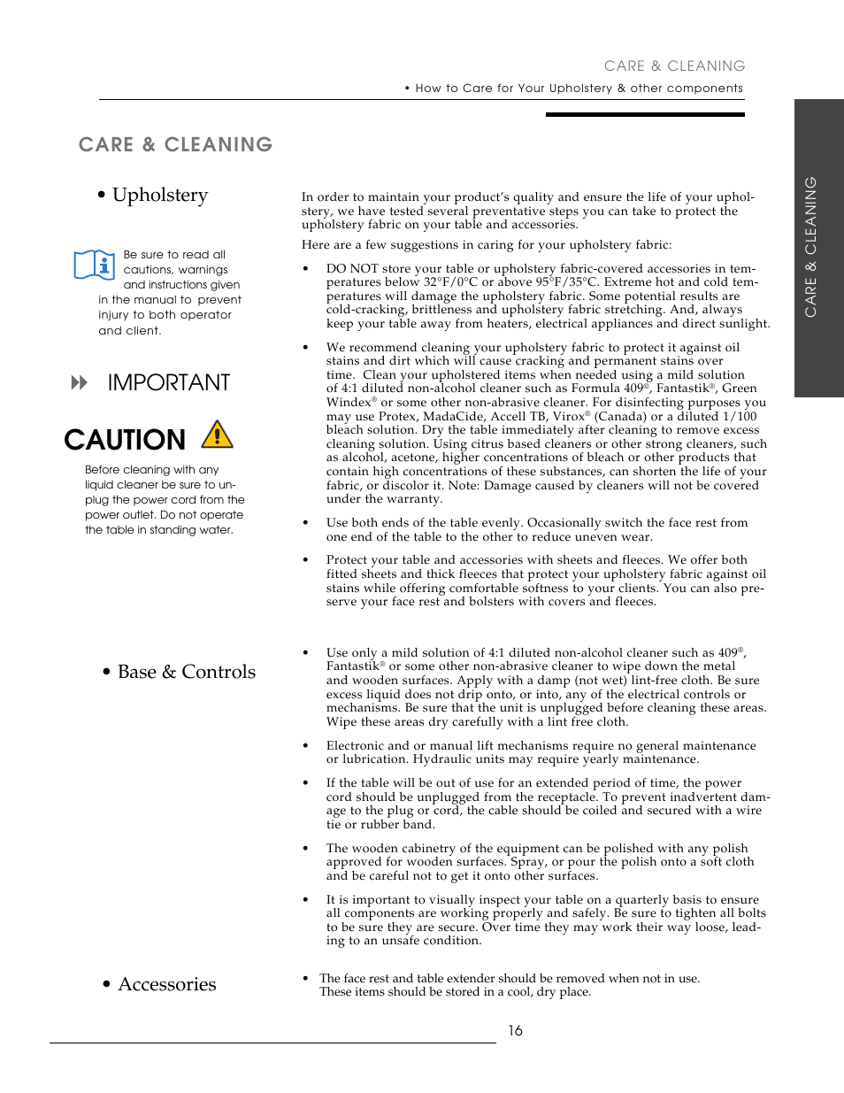 Caution, Important, Care & cleaning • upholstery • base & controls | Accessories | Oakworks Antigua User Manual | Page 23 / 28