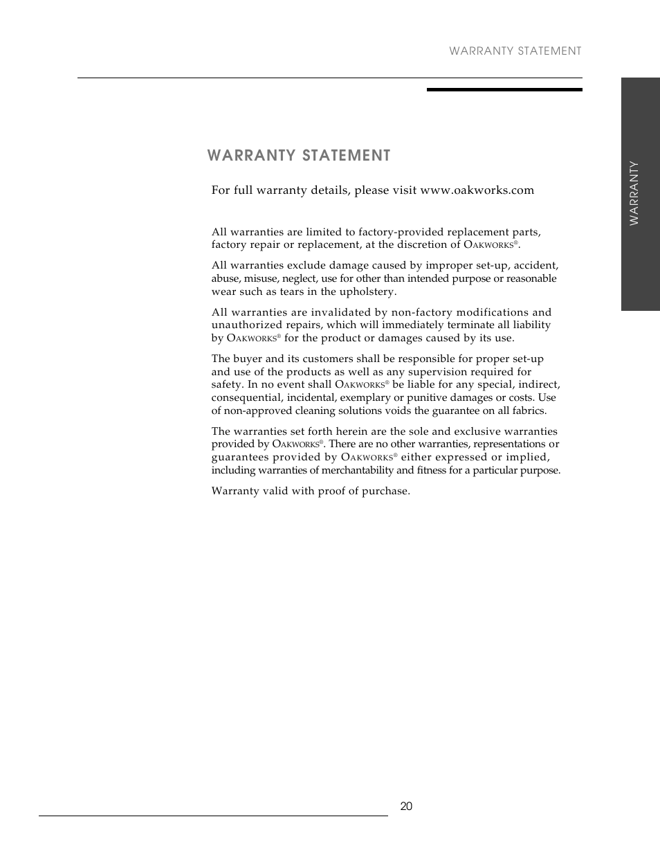 Warranty statement | Oakworks Antigua User Manual | Page 27 / 28