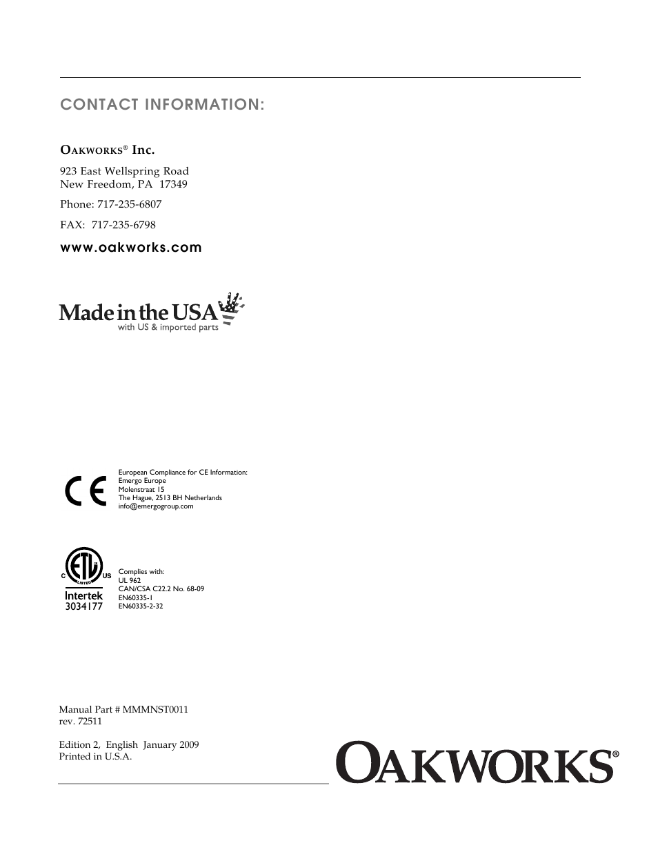 Contact information | Oakworks Antigua User Manual | Page 28 / 28