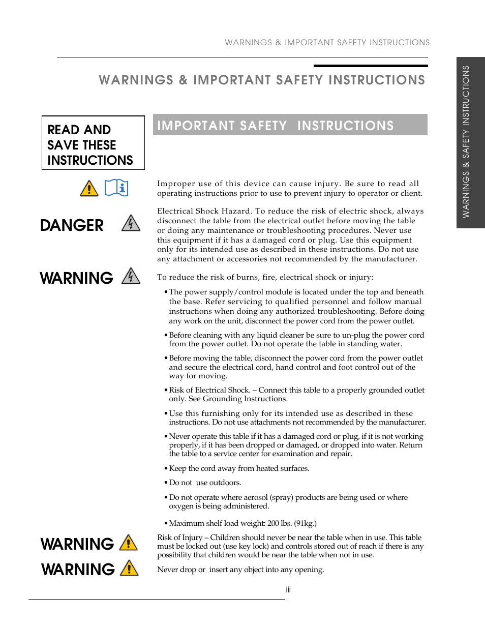 Danger, Warning, Read and save these instructions | Oakworks Antigua User Manual | Page 5 / 28