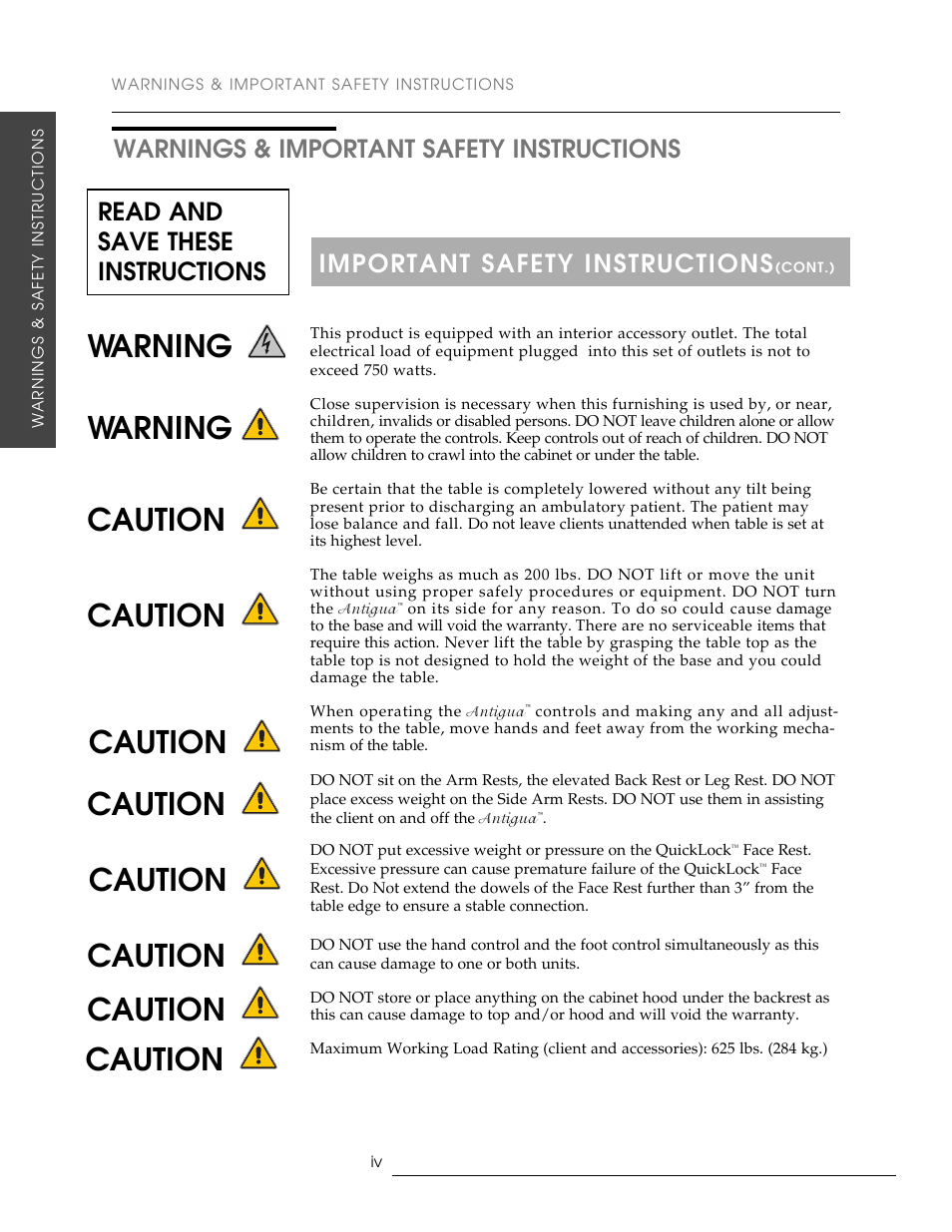 Warning, Read and save these instructions | Oakworks Antigua User Manual | Page 6 / 28