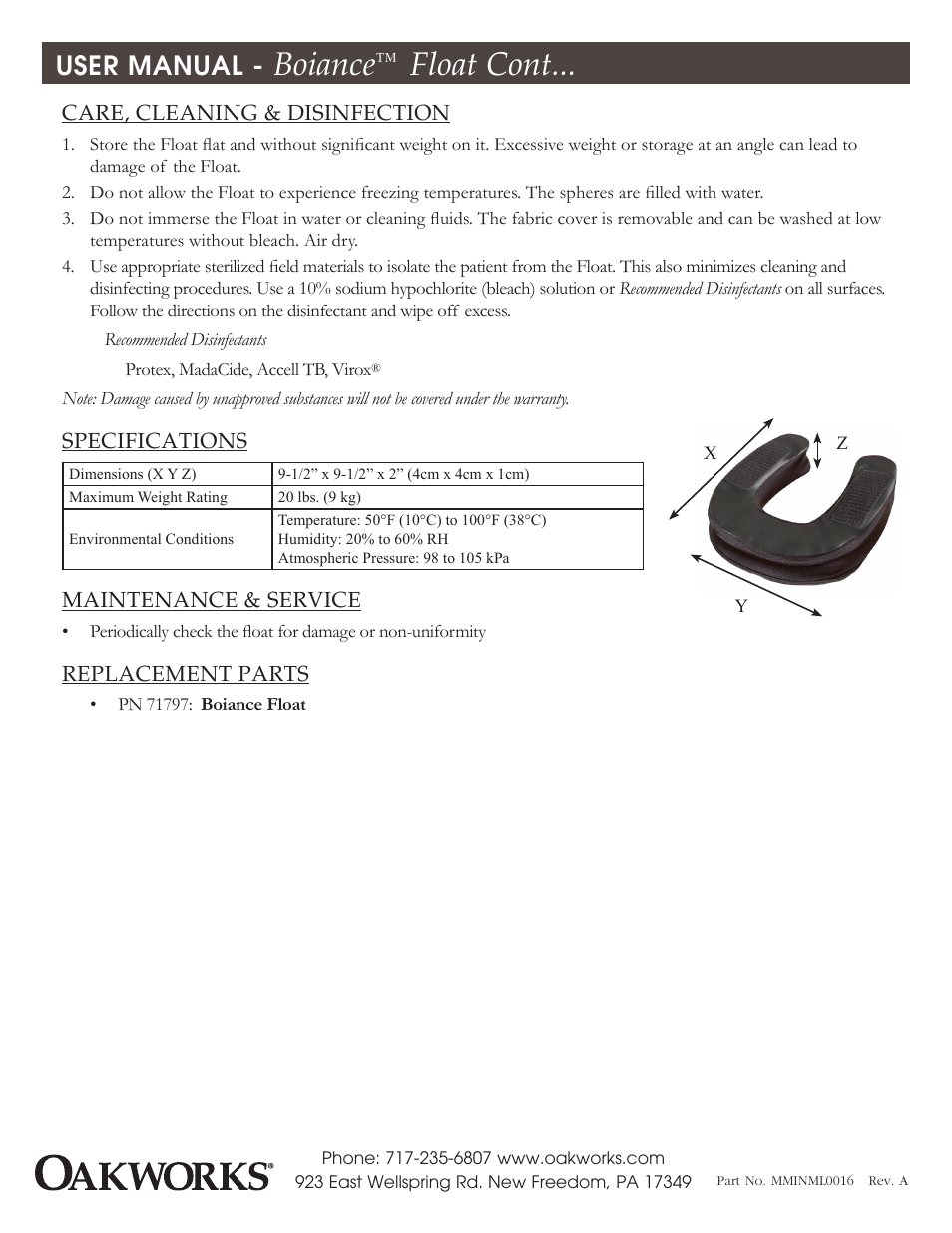 Boiance, Float cont, User manual | Oakworks Boiance Float User Manual | Page 2 / 2