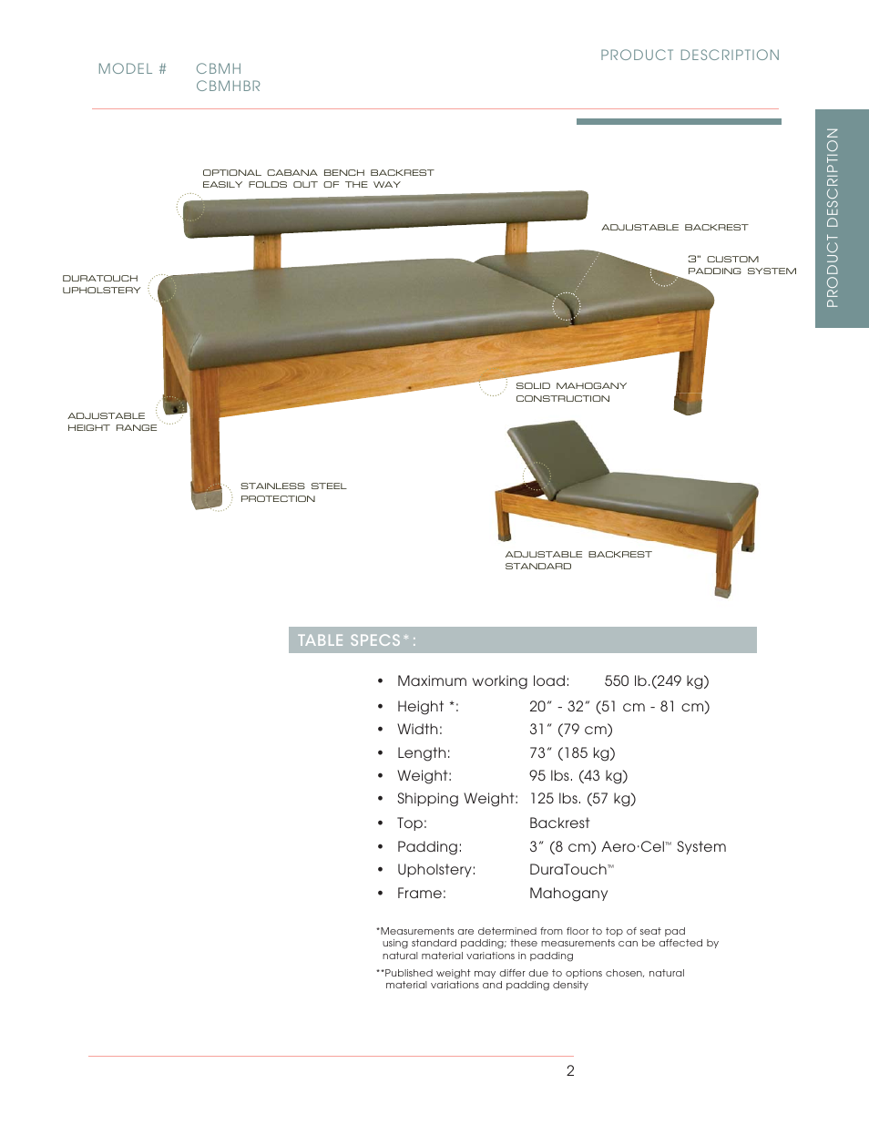 Table specs | Oakworks Cabana Lounger User Manual | Page 5 / 12