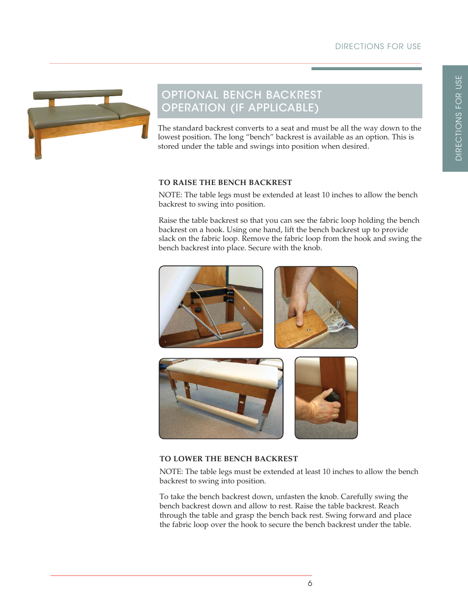 Optional bench backrest operation (if applicable) | Oakworks Cabana Lounger User Manual | Page 9 / 12