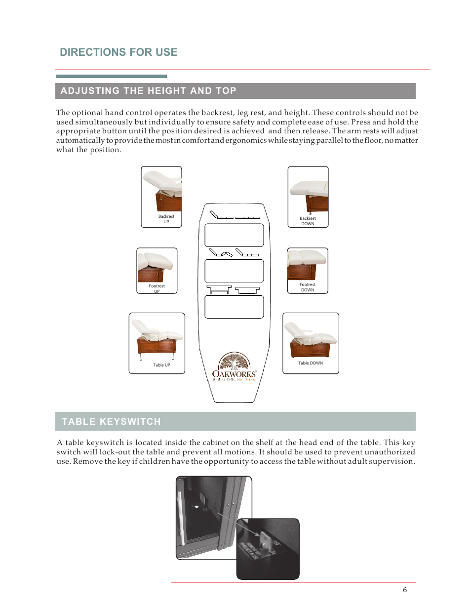 Directions for use, Adjusting the height and top, Table keyswitch | Oakworks Celesta/Clodagh Gemini User Manual | Page 11 / 20