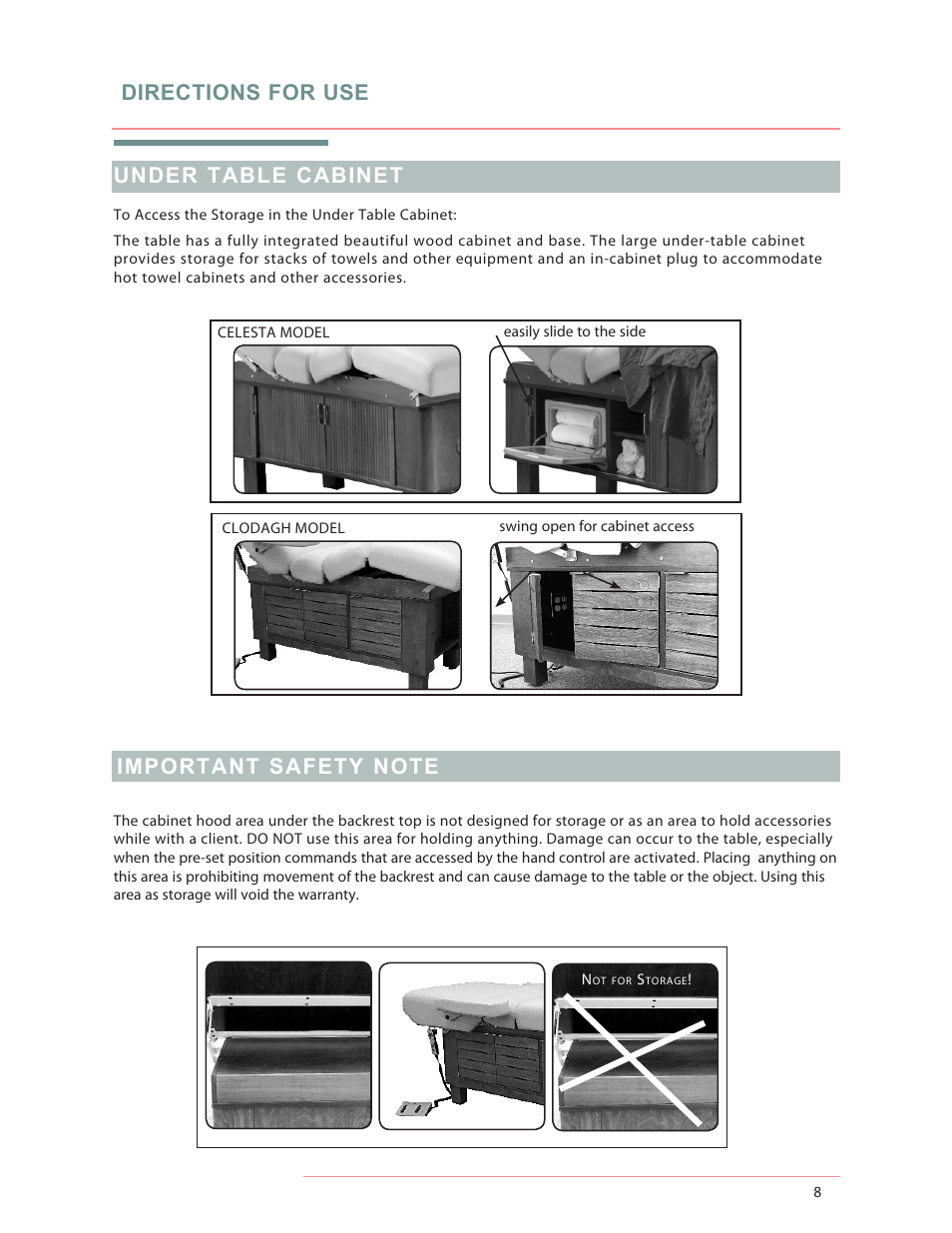 Directions for use, Under table cabinet | Oakworks Celesta/Clodagh Gemini User Manual | Page 12 / 20